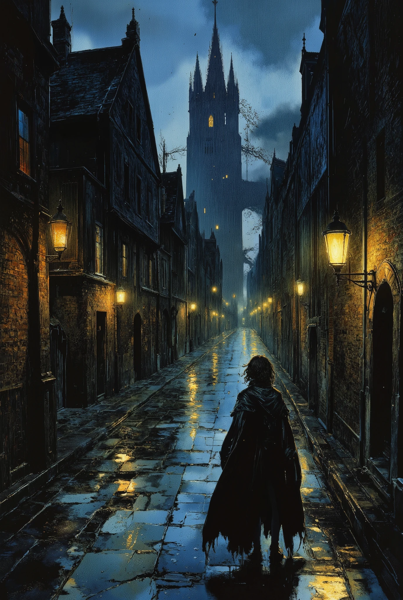 A lone rogue girl stands on the rain-slicked cobblestones of a dimly lit medieval town at night, her long tattered cloak fluttering slightly in the cold breeze. She wears a fitted rogue’s outfit.
The atmosphere is thick with dark fantasy and elements—flickering gas lamps cast long shadows on the brick buildings, their warm glow diffused by the fog. The high-angle perspective captures her small but formidable presence against the sprawling, shadowy town, evoking the mood of classic 80s-90s anime.
The art style is richly detailed—delicate linework defines every stitch of her cloak, every glint of metal, while soft cel-shading gives depth to her form. A subtle grain texture overlays the scene, mimicking the nostalgic feel of hand-painted animation cels. The color palette is muted yet atmospheric: deep midnight blues, venom emerald from distant windows. The composition balances intricate costume design with a misty, lived-in world, perfect for a rogue’s untold story.