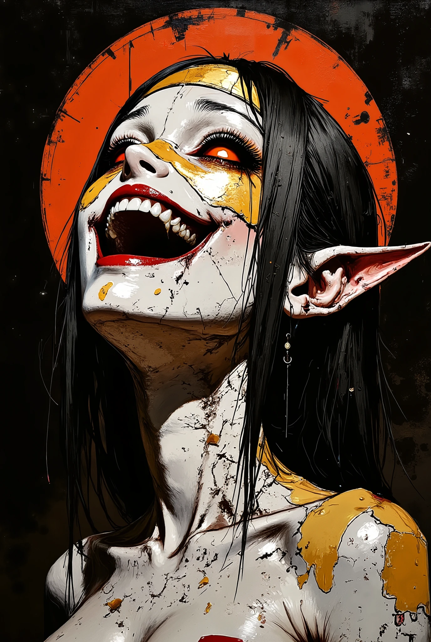 Detailed science-fiction painting in the style of Métal Hurlant. Portrait of a beautiful evil demon woman with a face covered in gold. The gold is peeling off. There is a dark red glowing sphere behind her.