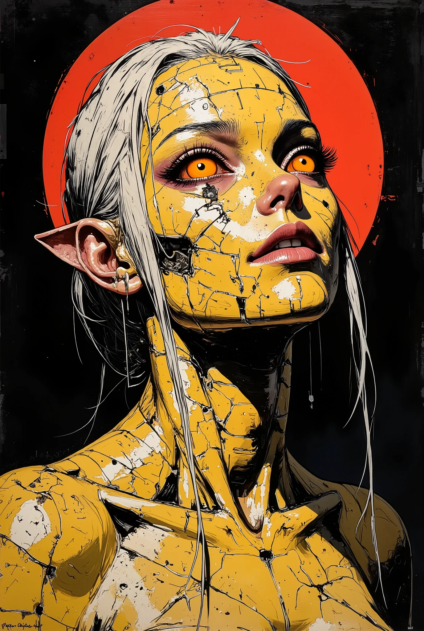 Detailed science-fiction painting in the style of Métal Hurlant. Portrait of a beautiful evil demon woman with a face covered in gold. The gold is peeling off. There is a dark red glowing sphere behind her.