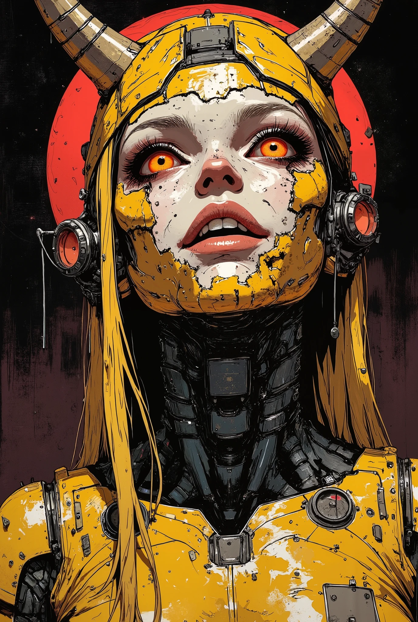 Detailed science-fiction painting in the style of Métal Hurlant. Portrait of a beautiful evil demon woman with a face covered in gold. The gold is peeling off. There is a dark red glowing sphere behind her.