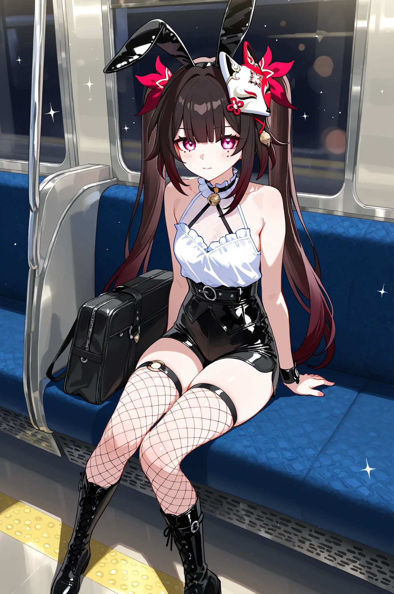 Mini dress、Straight Long Hair ,sitting in a train seat, Tuck your hair behind your ears、front、Border Panties, High heels、Highest quality、Daytime