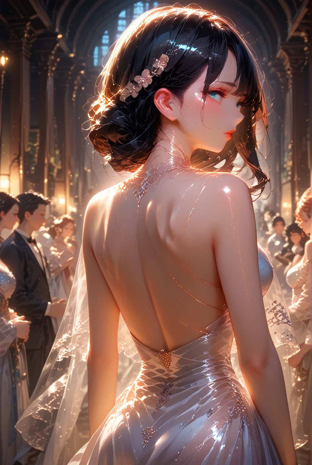 (practical, Photorealistic:1.37), (masterpiece, Highest quality:1.2), (Ultra-high resolution:1.2), (Original photo:1.2), (Clear focus:1.3), (Face Focus:1.2), (Highly detailed CG Unity 8k wallpaper:1.2), (Beautiful Skin: 1.2), (Pale skin:1.3), (Super sharp focus: 1.5), (Super sharp focus:1.5), (Beautiful and clean face:1.3), (非常にDetailed Background, Detailed Background:1.3), Bokeh, Depth of written boundary, rest, Very cute and beautiful white women images, , business suit, (2:1.1), smileの少女の肖像画, Full body image, from the front, Symmetrical Configuration, (Studio Lighting:1.3), (Cinema Lighting:1.3), (Rear window lighting is backlit:1.3), (surface light:1.3), Light Enveloping Her Entire Body, Looking straight at you, Persistence, Sexy model posing, rest, (Chestnut long hair:1.2), Light green eyes, Beautiful Eyes, Princess Eyes, Mahogany Hair, A single hair, bangs, slim, Abdominal muscles, (Huge breasts;1.35), (Willow West:1.15), (Details of a beautiful girl:1.4), (Elegant and gorgeous lace silk black wedding dress:1.3), (BaliOcean view背景:1.2), (smile, happiness:1.3), ((Perfect female body)), (Upper body image:1.3), Encircling the head, Perfect Dramatic, Volumetric lighting, Professional majestic oil painting, Glowing Skin, CT Anatomy, Perfect Proportions, 8.Five Really Small, Face Focus, Ultra practical Photo, Extremely clear images, Ultra-high definition images, Bali, Ocean view, nature, External, ((walking beach:1.2,evening,Sunset,夜空にたくさんのstarが美しく輝いている, 長時間露光されたstar空に、Many circular orbits are visible in the image.,無数のstarが輝き、Shining with a fantastic light. star々is bright and vivid)),