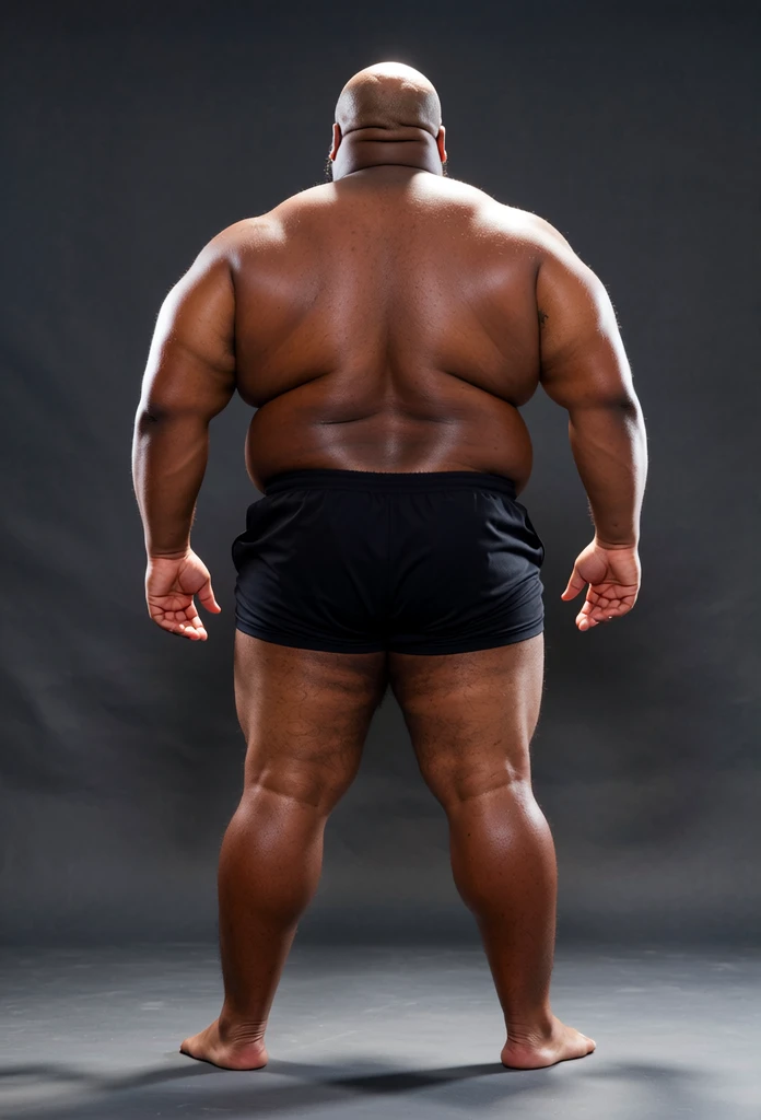 NSFW NUDE AND NAKED,Big belly black guy with small penis shaft, legs spread open to expose big testicles between the legs with the camera soft light stocky build with flabby pecs and round face anatomical correct shaft with circumsized head, black skin tones, dark skin tones, massive testicles, short fat shaft , anatomical correct groin, dad bod