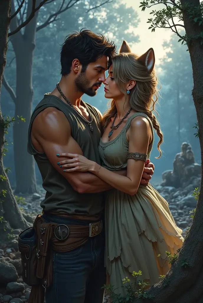A handsome young man with long beige hair down to his knees. He is bare-chested and tanned.. He has brown furry legs with hooves., he is still a faun or a satyr. He is only , he is a very young satyr. It is very beautiful. He is very young.. Facial features are masculine, Asian. He has a red heart pendant on his chest.. He stands in a forest of ferns, and a woman hugs him. The woman has tanned skin, two long black thick braids down to the ground, Eyes black. She is dressed in a blue floor-length tunic with a brown belt.. On her head she has a thin and light transparent veil that reaches to the ground.. Shoes women brown sandals.