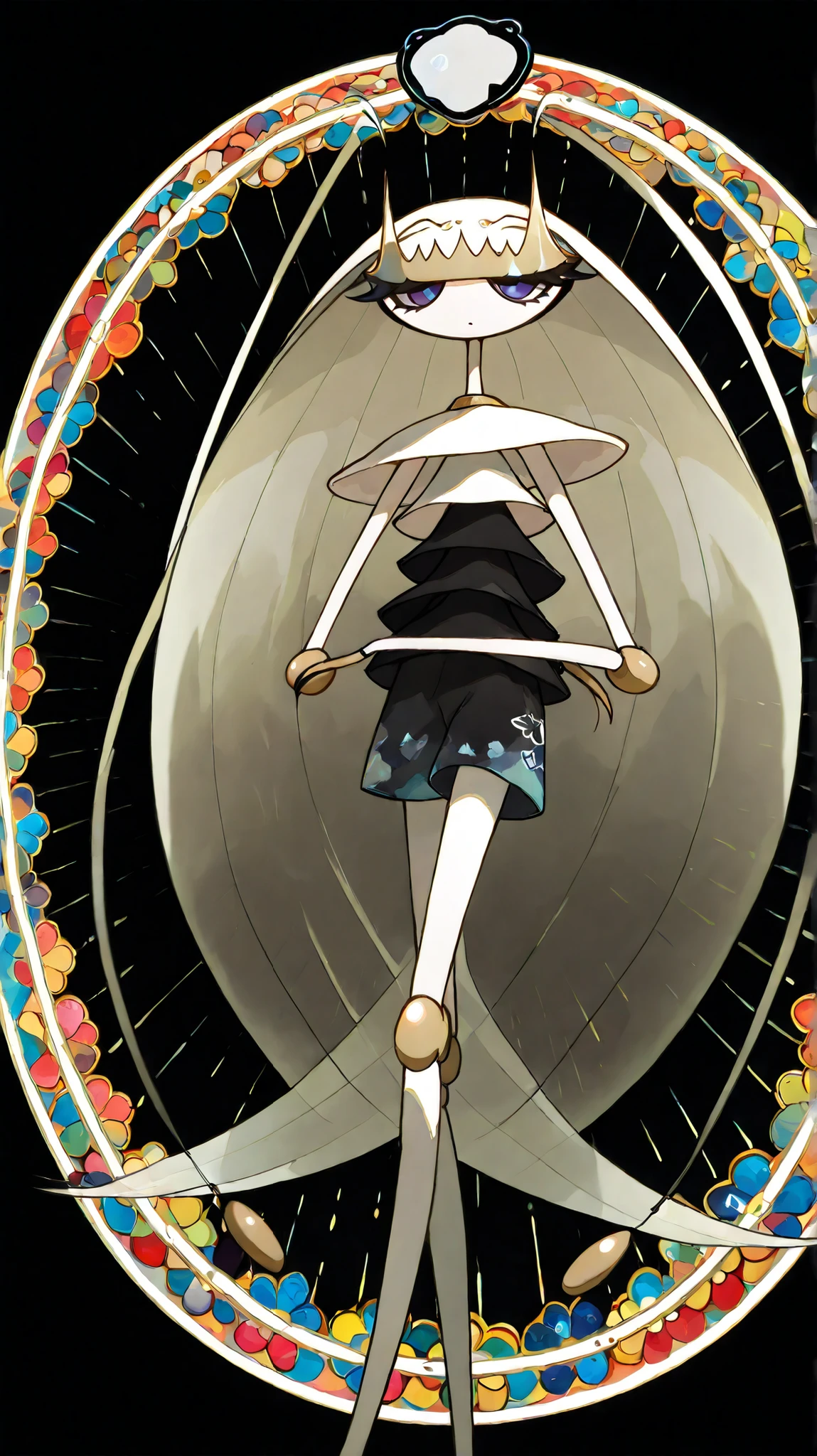 (in style of Takashi Murakami:1.4), beatiful face, feet,best quality,tonemapping, sharp focus, hyper detailed,((pheromosa:1.5)),best quality,beautiful,pokemon,(2 fingers),(Clear eyes),(solo),detaileds,8K,(slender:1.3),wallpaper,(Colorful flowers on black background:1.4),intricate digital painting, highly intricate and colorful, dark but detailed digital art, Highly detailed symmetry, detailed digital artwork, Symmetrical intricate details, plethora of colors,colorful intricate masterpiece,(kaleidoscopic:1.1),(Geometric pattern background)、Sticker style, (cel anime:1.5)