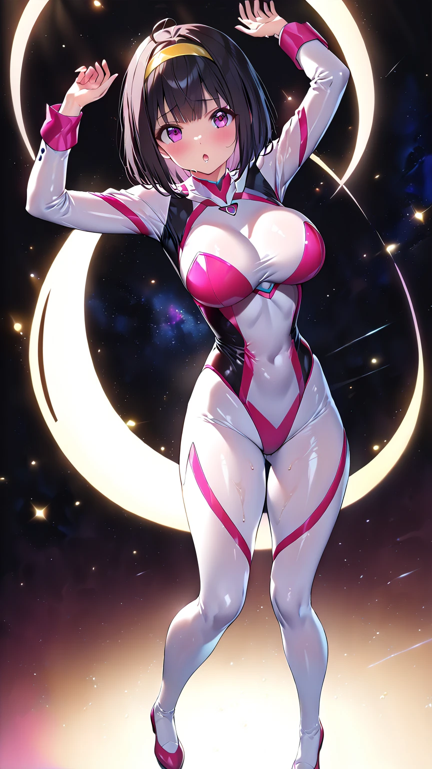 Create a digital artwork of a voluptuous female character with massive breasts in an anime-inspired style. The character should have long, flowing purple hair and large, expressive purple eyes. She should be wearing a red bra that accentuates her curves. The art style should be a blend of anime and semi-realism, with: Smooth, detailed shading: Use gradients to create depth and volume in the character's form. Sharp, precise line work: Clean lines to define the character's features and outfit. Realistic lighting effects: Emphasize the reflective quality of the whole outfit with highlights and glossy reflections. Soft, ambient background: Set the scene in a normal bedroom, the character squatting down with sprad legs, keeping eye contact with the viewer. The background should have a soft, romantic glow with bokeh effects to enhance the dreamy atmosphere. Color vibrancy: Use rich, vibrant colors for the character and background to make the image pop. Ensure the character's expression is slightly open-mouthed, giving a seductive and confident look. The overall mood should be bold and captivating, with a high level of detail and polish in the final artwork