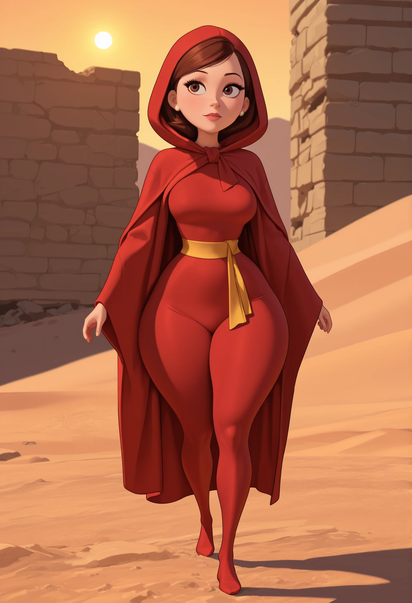 Helen Parr , mature female, medium hair, Bob_cut, brown hair, brown eyes, big eyes, long eyelashes, medium breasts, narrow waist, thick thighs, huge hips, fair skin, thin hands, earrings, makeup, pink lips, lipstick.|  best quality, absurdres,(full body), hooded cloak,hood,hood up,red robe,ofuda,scarf,red legwear,headband,golden headband, standing,featureless feet,solo,walking, desert, ruins,sun,
