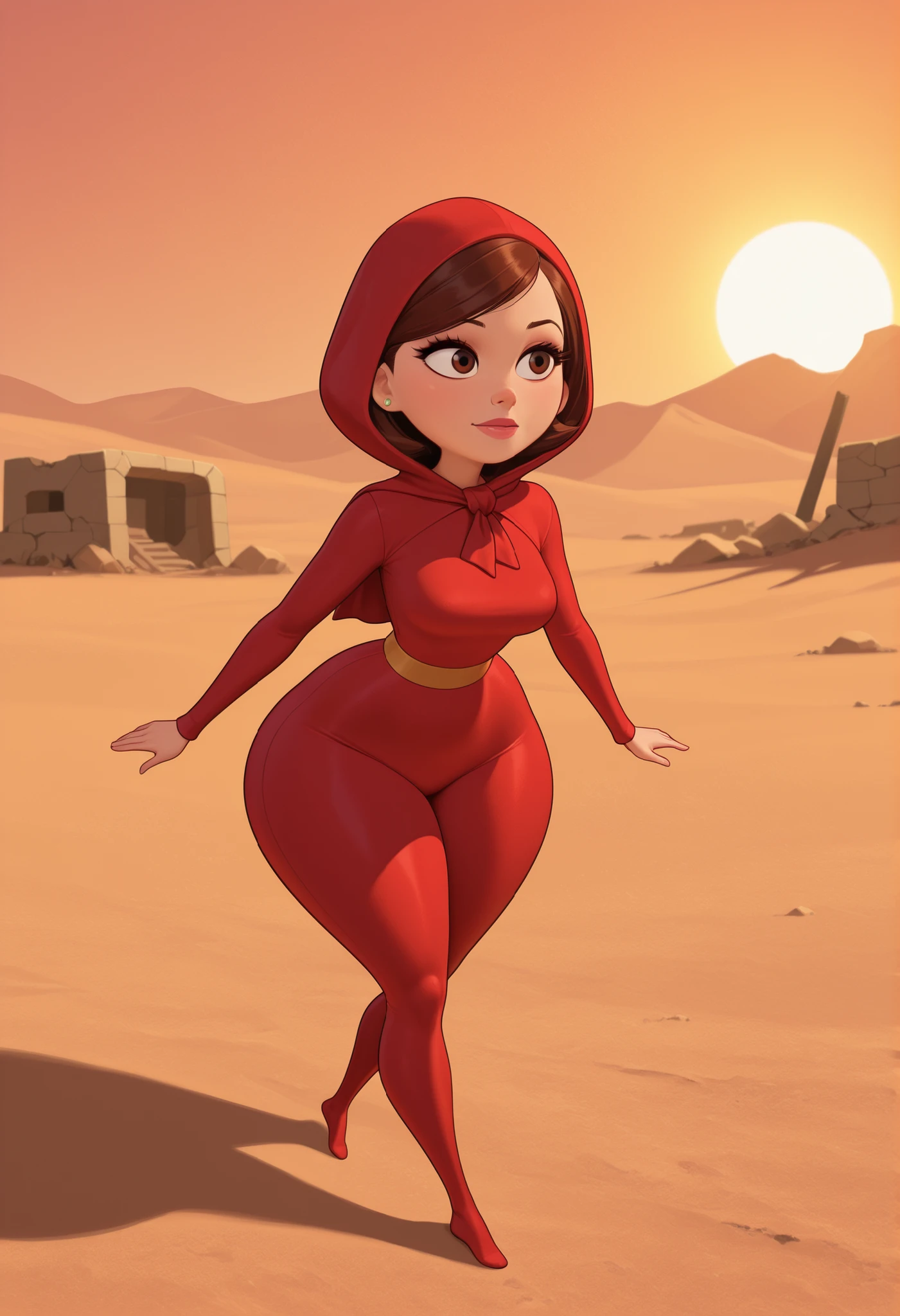 Helen Parr , mature female, medium hair, Bob_cut, brown hair, brown eyes, big eyes, long eyelashes, medium breasts, narrow waist, thick thighs, huge hips, fair skin, thin hands, earrings, makeup, pink lips, lipstick.|  best quality, absurdres,(full body), hooded cloak,hood,hood up,red robe,ofuda,scarf,red legwear,headband,golden headband, standing,featureless feet,solo,walking, desert, ruins,sun,
