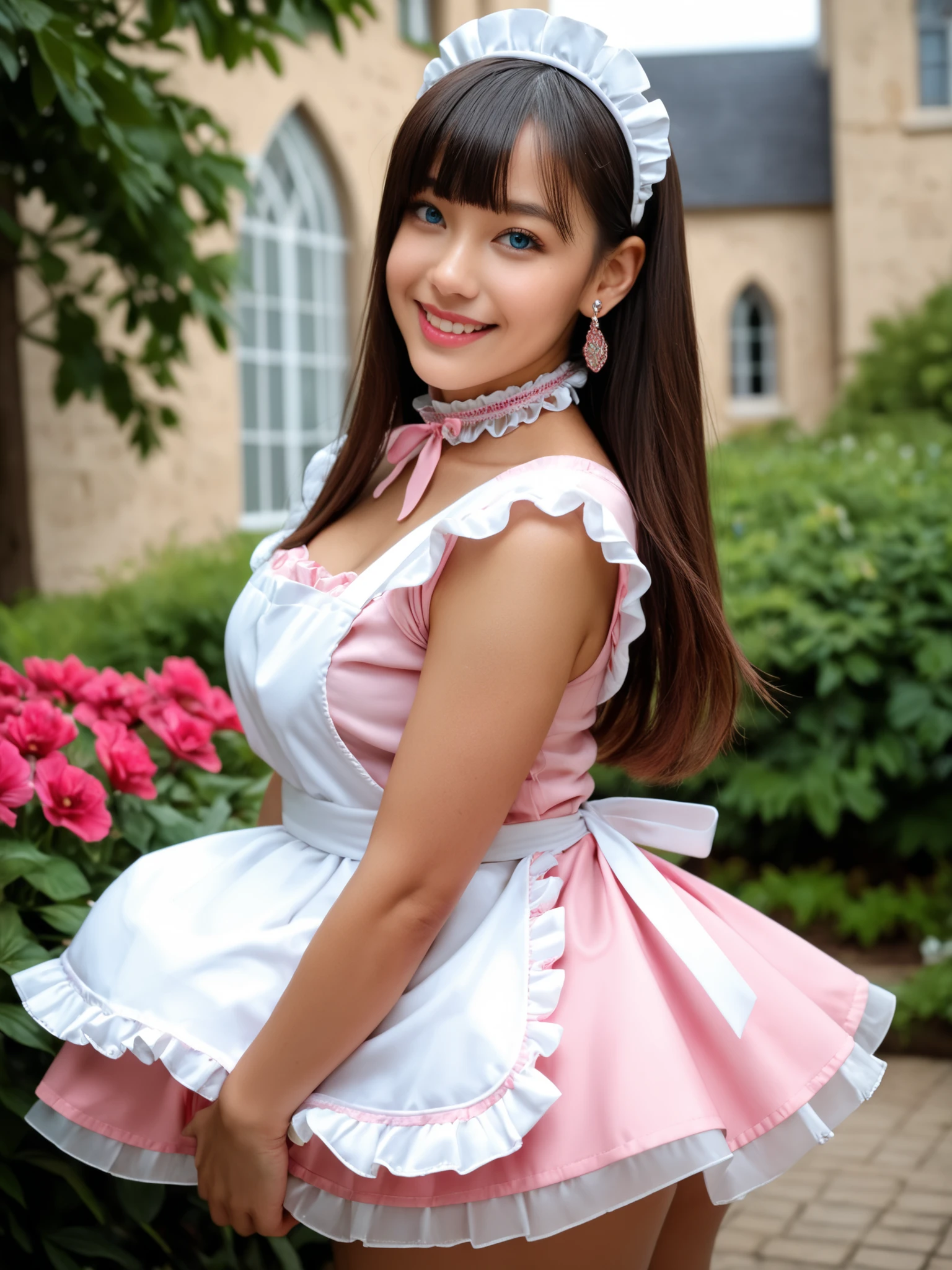 Score_9, Score_8_up, Score_7_up, Score_6_up, Score_5_up, Score_4_up, Source_real, Tag1, Tag2, Anatomically correct, realistic, 1 woman, 23 years old woman, beautiful woman, Highly detailed beautiful face and eyes, blue eyes, blonde hair, Detailed skin, (natural saggy big breast:1.2), big ass, thick thighs, wide hips, curvy, (oiled body:1.2), smile, (long hair with bangs), (tanned skin:1.2), (Cute French maid outfit, white maid headdress, pink shirt, pink skirt, white frill apron, pink ruffled choker, earrings), arms behind back, Summer season atmosphere, The background is the castle, Being in the flower garden,