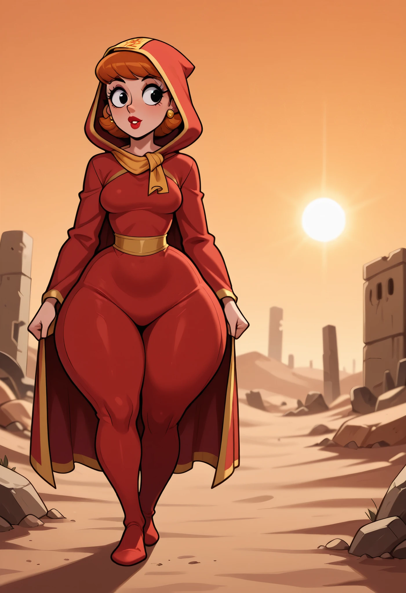 dextersmom, mature female, short hair, slightly curly hair, ginger, black eyes, big eyes, long eyelashes, small , rounded , narrow waist, thick thighs, gigantic , gigantic . fair skin, thin hands, earrings, makeup, red lips, lipstick.| best quality, absurdres,(full body), hooded cloak,hood,hood up,red robe,ofuda,scarf,red legwear,headband,golden headband, standing,featureless feet,solo,walking, desert, ruins,sun,