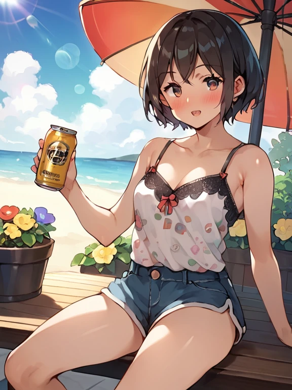 (masterpiece, best quality,ultra highres), japanese retro poster of a teenage girl with short hair in the style of a vintage print with the words "Glenmorangie" written in the style of english on it,sitting on the beach, (has a whisky glass in her hand),featuring a vintage bikini with a black and gold colour scheme in an anime style.
