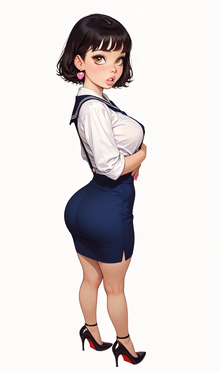 Toot,grey skin, short hair, plump black eyes,  leaning forward,   from behind, 
standing,   looking at viewer, smile,  upper back cutout,
black thigh highs , short black dress, white sailor collar, sleeveless,  cleavage,
in house, yellow walls, living room, cartoon house,  solo,
(insanely detailed, beautiful detailed face, masterpiece, best quality)
<lora:Toot-10V3:0.7>