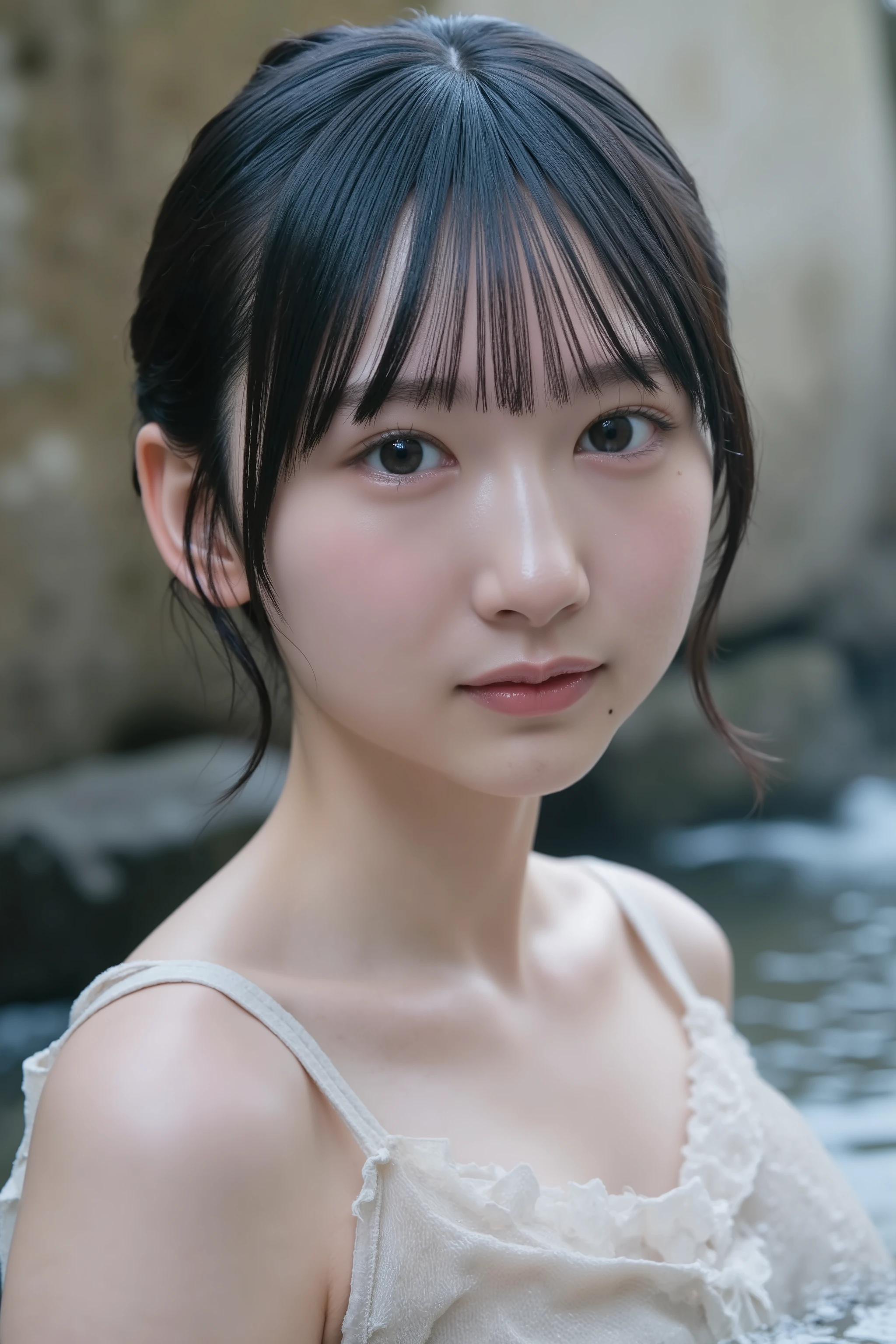 young Japanese woman showing her entire upper body、20th Generation、moist wet black hair、clear skin、Slightly Flushing Cheeks、relaxed expression、A sight soaking your chest in a milky white hot spring、Steam Rising、An open-air bath made of natural stones、Mossy Rock、Trees with autumn leaves々、Deep Mountain々Against the backdrop of、Quiet Atmosphere、Soft light at dusk、Cool autumn air、Murmuring of Mountain Streams、fall foliage swaying in the wind、distant view with haze、photorealistic、hyperdetailed、soft lighting、japanese hot spring、autumn atmosphere、peaceful mood