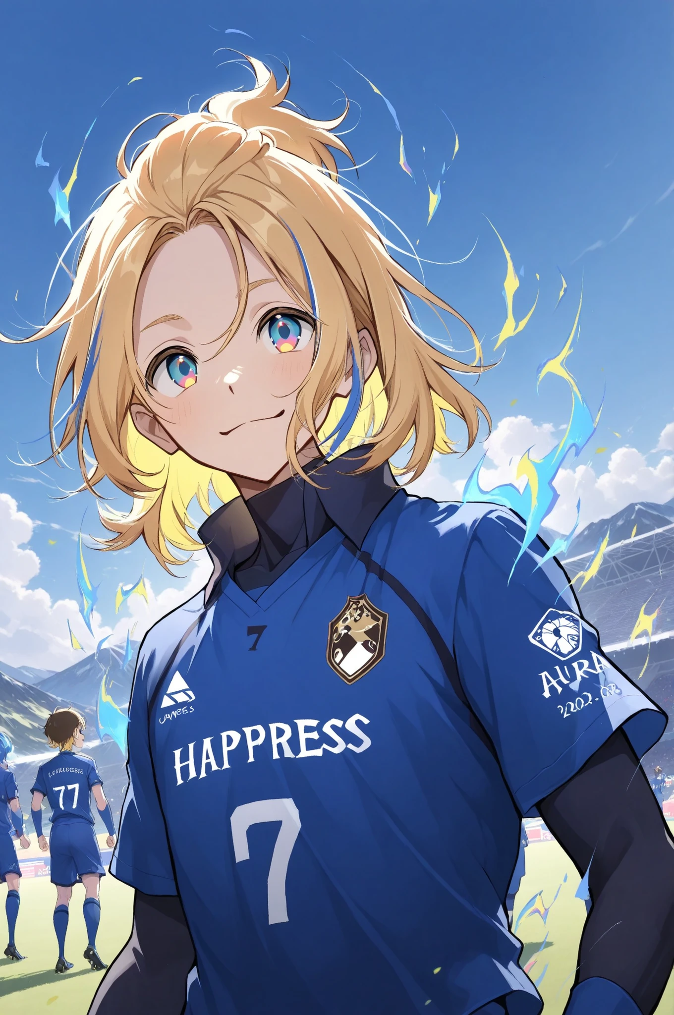 happy, anime boy, soccer uniform , blond hair ,blue highlights, multicolored eyes , Happyness aura , blue sky camp , shirt number 7
