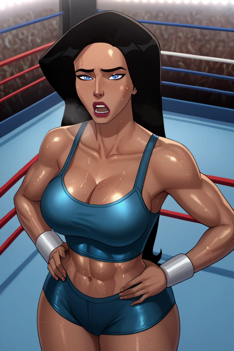 kuvira, cleavage,green eyes, short hair, (mole:0.7), nsfw, big tits, slutty, masterpiece, best quality, 1girl ,arm wraps, abdominal wraps, nudity, looking at viewer, big breasts, sagging breasts, focused,,breasts out, action shot, focused expression, natural lighting, in a boxing ring, boxing, bandaged forearms, boxing gloves, detailed face, medium closeup shot,upper body focus, nipples, clenched fists, determined expression, looking at viewer, pussy, topless, exposed pussy, bottomless, bare legs, bare crotch, exposed midriff, covered in bandages