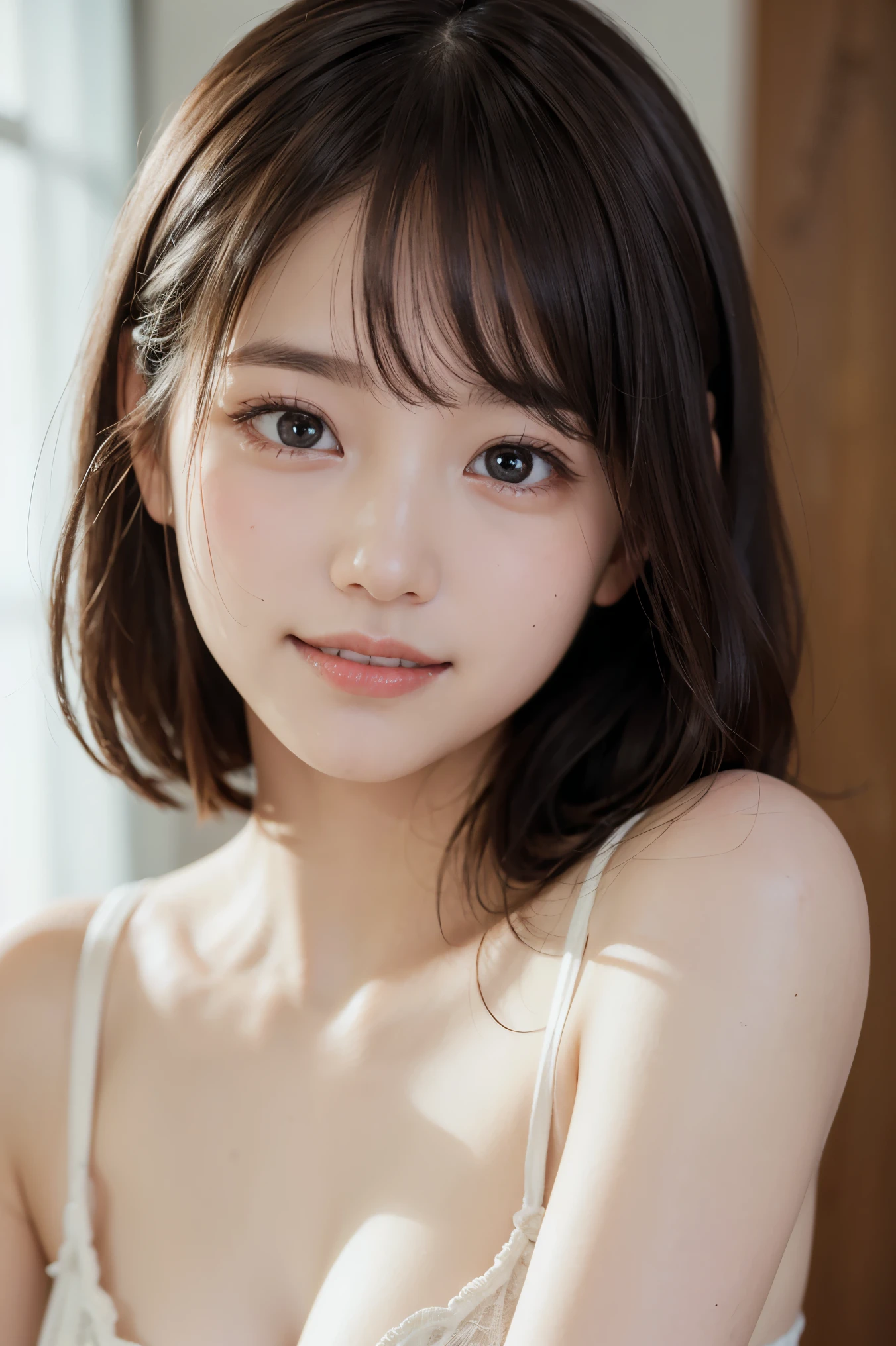 masterpiece, highest quality, 8K, disorganized, (Upper body:1.4), white open-chested camisole, 平らな胸の貧乳beautiful girl、beautiful girl, cute face, looking at the viewer, smile, surreal, High resolution, photo shoot, High resolution, chromatic aberration, sharp focus, HDR, face light, dynamic lighting, cinematic lighting, professional shadow, simple background, (natural color background:1.4), most detailed, very detailed, super detailed, finely, real skin, delicate features, detailed face and eyes, sharp pupils, realistic student