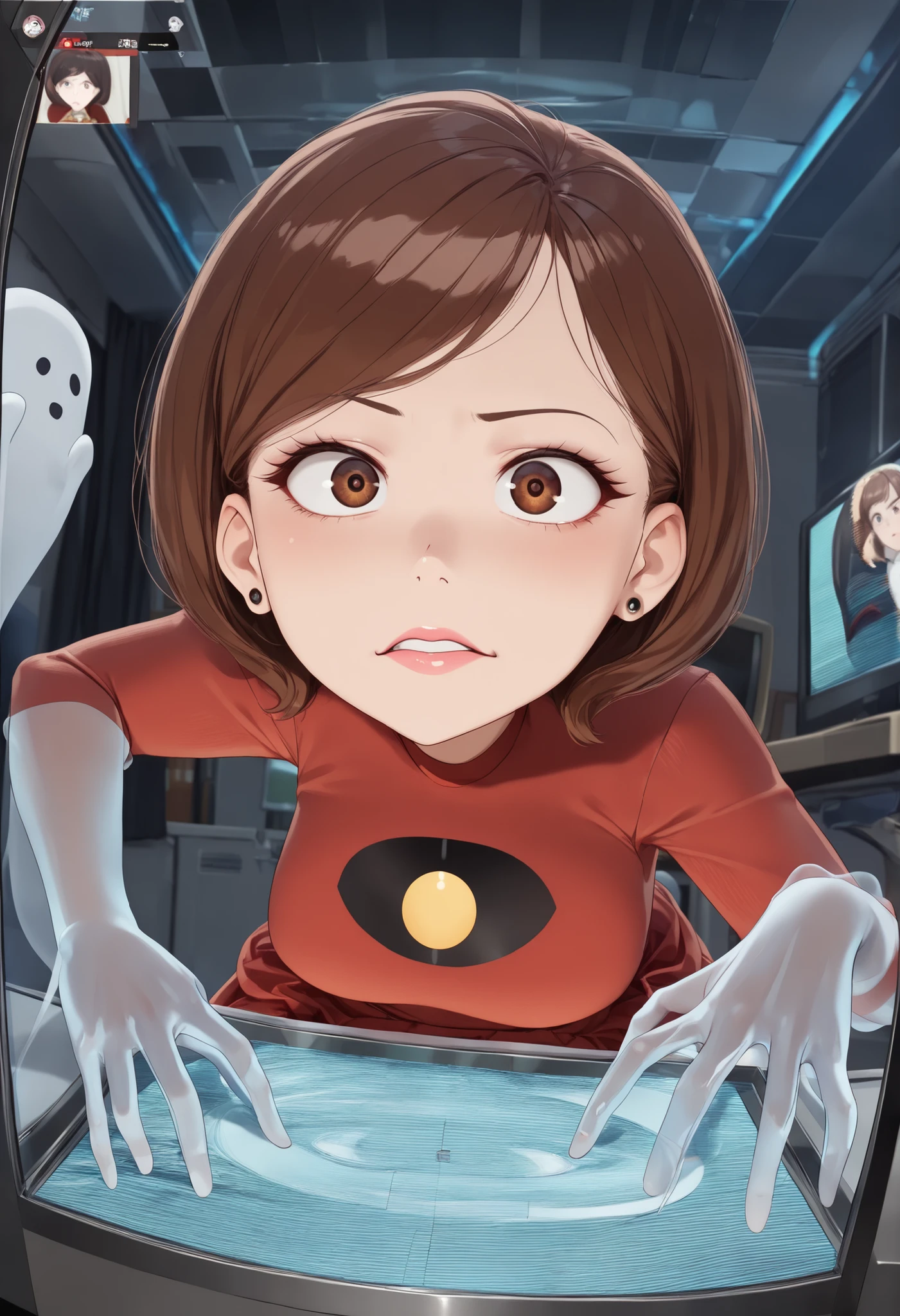 Helen Parr , mature female, medium hair, Bob_cut, brown hair, brown eyes, big eyes, long eyelashes, medium breasts, narrow waist, thick thighs, huge hips, fair skin, thin hands, earrings, makeup, pink lips, lipstick.|   (Ultra-detailed anime artwork:1.4), (1girl:1.3), (ghost VTuber:1.6) with (glitching holographic eyes:1.4), (static-distorted face:1.3), wearing a (cutesy frilly dress:1.2) that (phases into spectral rags:1.5), (hair with broken physics:1.4), (transparent limbs revealing code artifacts:1.3), sitting in a (dark streaming room:1.5) with (cursed neon signs:1.4), (possessed chat window:1.4) showing (demonic emojis:1.3), (old CRT monitor:1.2) displaying (glitched face:1.5), (hands clipping through desk:1.3), (8k, best quality, masterpiece:1.4), Unreal Engine 5 + VHS filter ,(VHS tape distortion:1.3), Glitch
