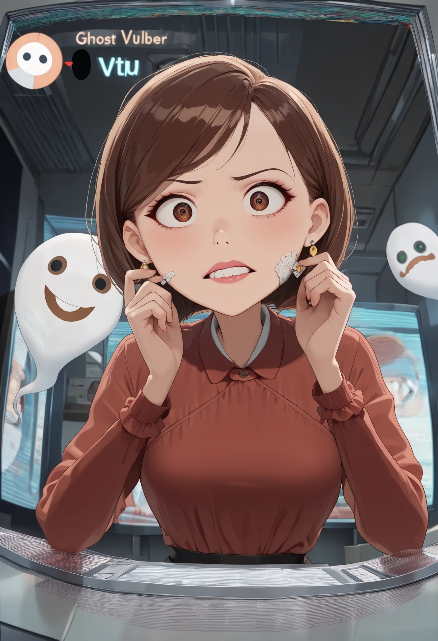 Helen Parr , mature female, medium hair, Bob_cut, brown hair, brown eyes, big eyes, long eyelashes, medium breasts, narrow waist, thick thighs, huge hips, fair skin, thin hands, earrings, makeup, pink lips, lipstick.|   (Ultra-detailed anime artwork:1.4), (1girl:1.3), (ghost VTuber:1.6) with (glitching holographic eyes:1.4), (static-distorted face:1.3), wearing a (cutesy frilly dress:1.2) that (phases into spectral rags:1.5), (hair with broken physics:1.4), (transparent limbs revealing code artifacts:1.3), sitting in a (dark streaming room:1.5) with (cursed neon signs:1.4), (possessed chat window:1.4) showing (demonic emojis:1.3), (old CRT monitor:1.2) displaying (glitched face:1.5), (hands clipping through desk:1.3), (8k, best quality, masterpiece:1.4), Unreal Engine 5 + VHS filter ,(VHS tape distortion:1.3), Glitch
