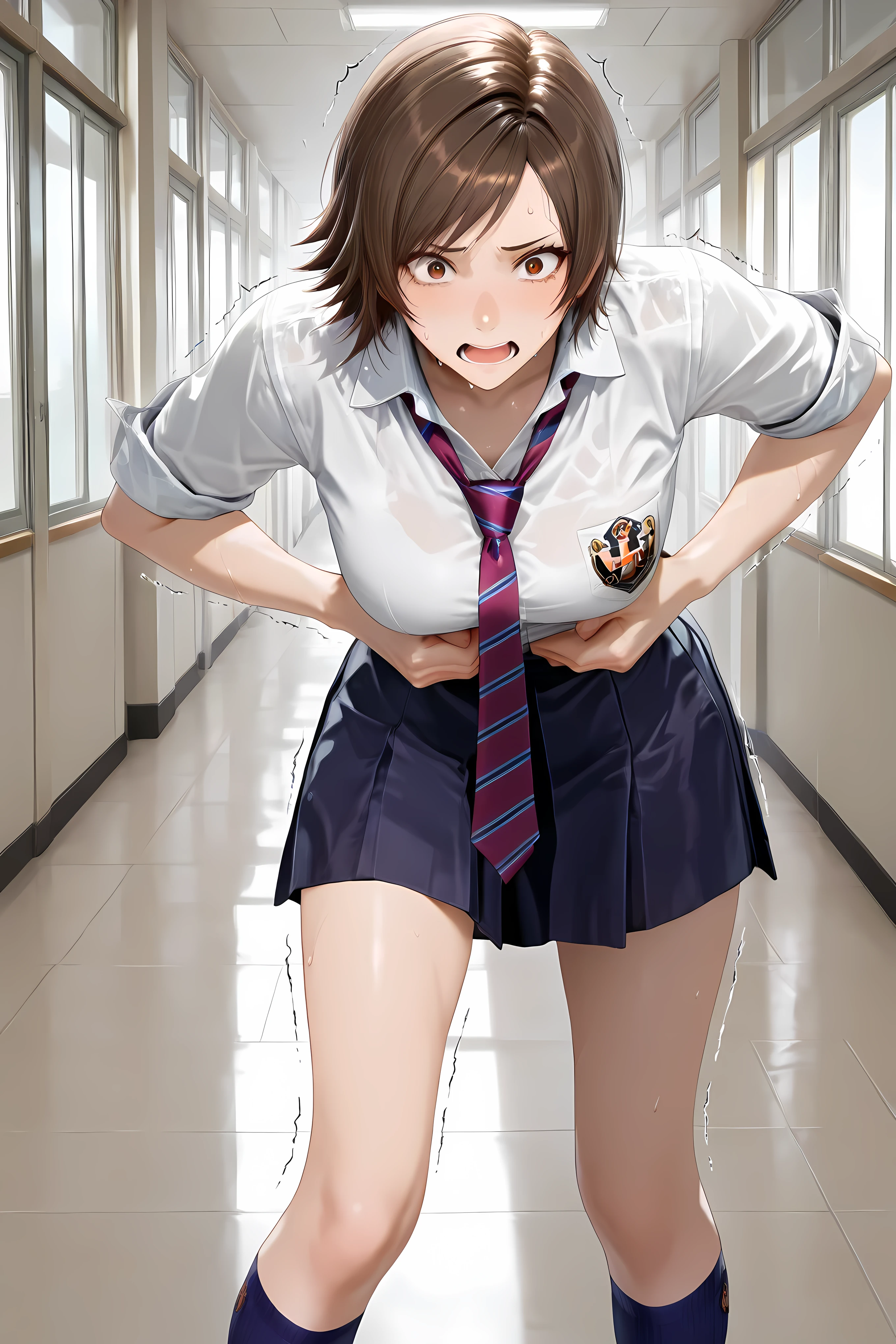kazama asuka, brown hair, short hair, brown eyes, school uniform, white shirt, collared shirt, navy skirt, short skirt, short sleeves, sleeves rolled up, red necktie, striped necktie, untucked shirt,blue kneehighs, black loafers,1girl, hand on own stomach, sweat, leaning forward, nervous, scared, trembling legs, ,general, masterpiece, highres, ultra-detailed, hyper-detailed, best quality, amazing quality, very aesthetic, best hands, best eyes,
in a japanese school hallway,
beautiful adult woman,