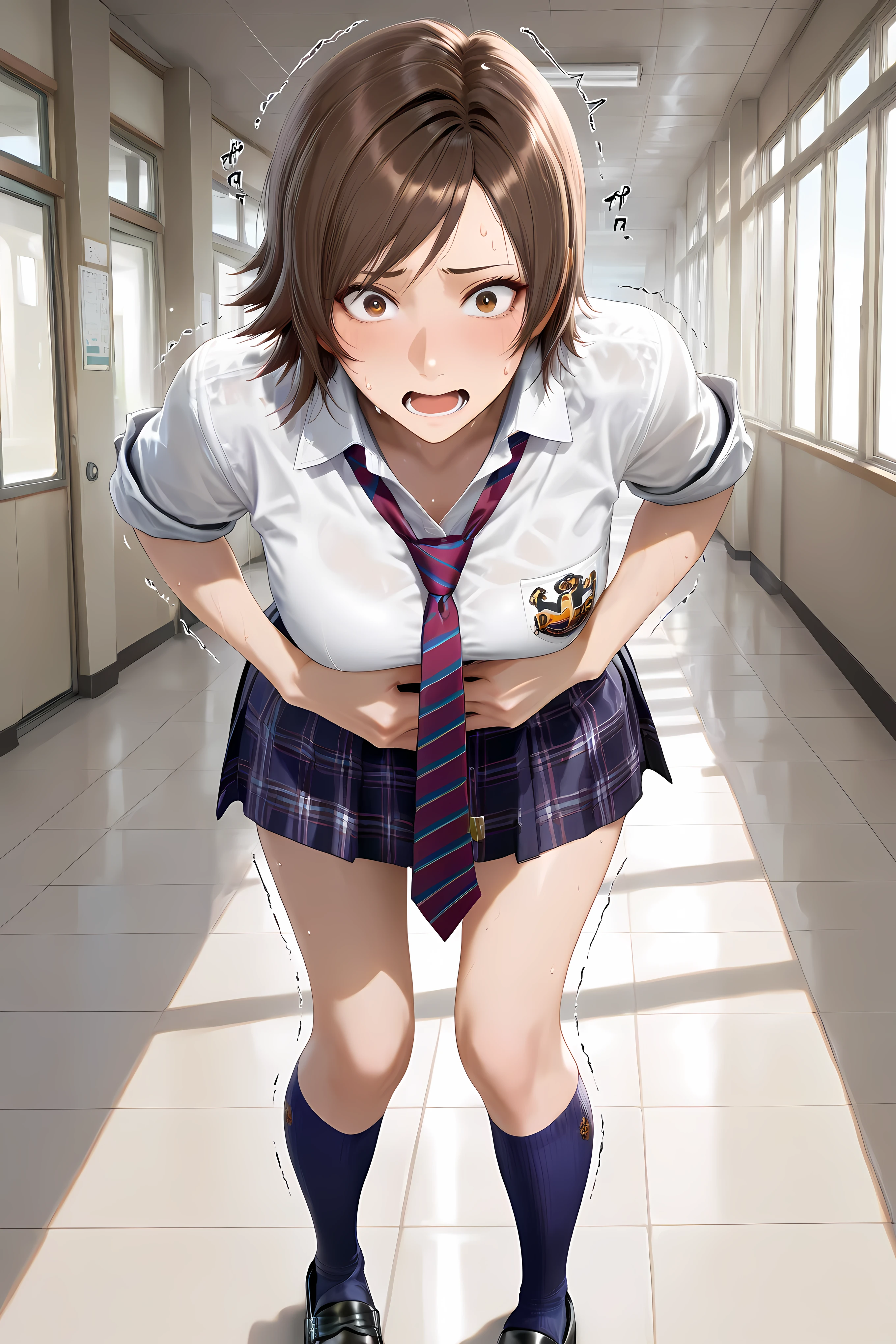 kazama asuka, brown hair, short hair, brown eyes, school uniform, white shirt, collared shirt, navy skirt, short skirt, short sleeves, sleeves rolled up, red necktie, striped necktie, untucked shirt,blue kneehighs, black loafers,1girl, hand on own stomach, sweat, leaning forward, nervous, scared, trembling legs, ,general, masterpiece, highres, ultra-detailed, hyper-detailed, best quality, amazing quality, very aesthetic, best hands, best eyes,
in a japanese school hallway,
beautiful adult woman,