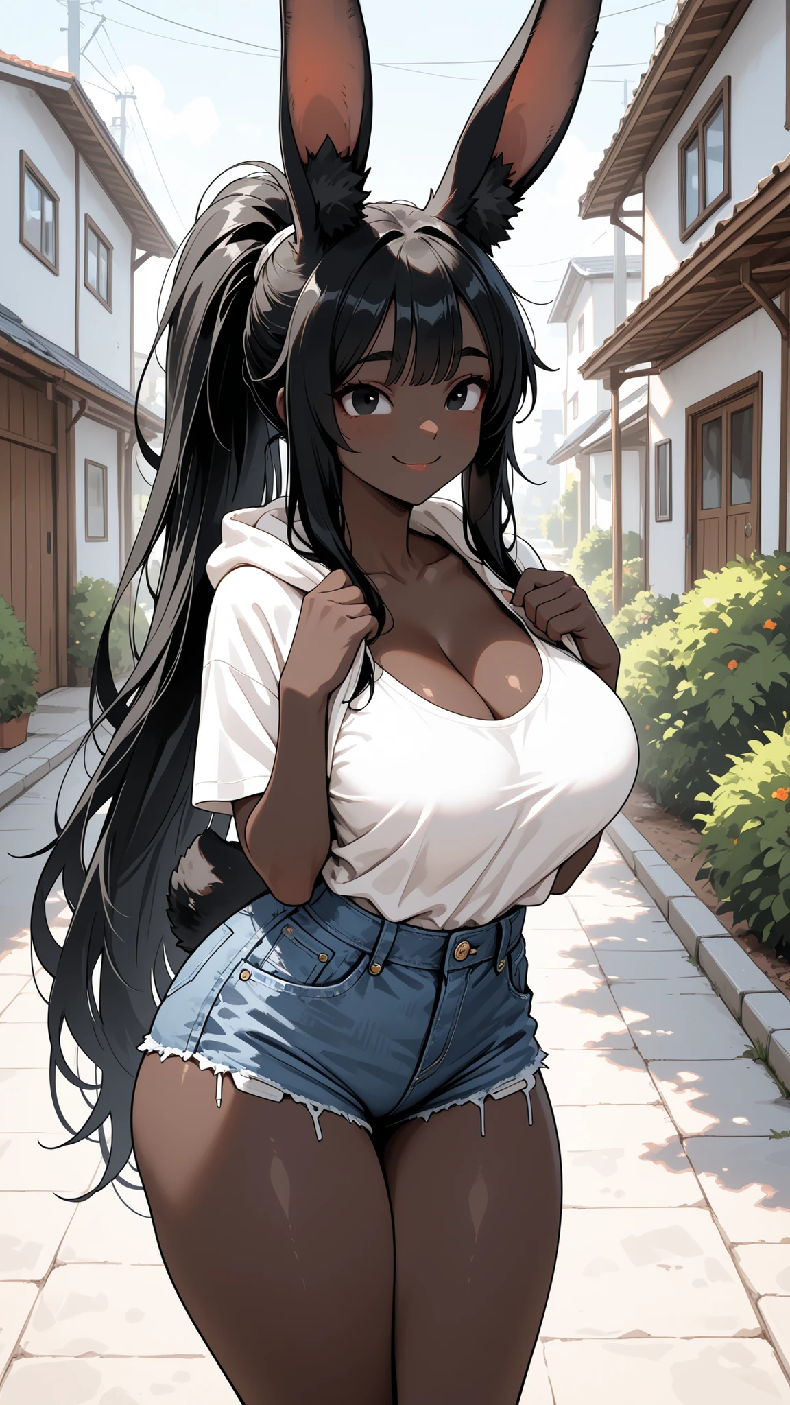close up, female focus, solo, black rabbit ears, ear fluff, huge rabbit ears, very dark skin, black hair, very long hair, thick thighs:0.4, beaming smile, black eyes, cleavage:0.3, black rabbit tail, sunny, suburb, playful, big house, white house, outdoors, casual clothes, very large breasts, curvaceous, denim shorts, young adult, white t-shirt, fluff, ponytail, hoodie