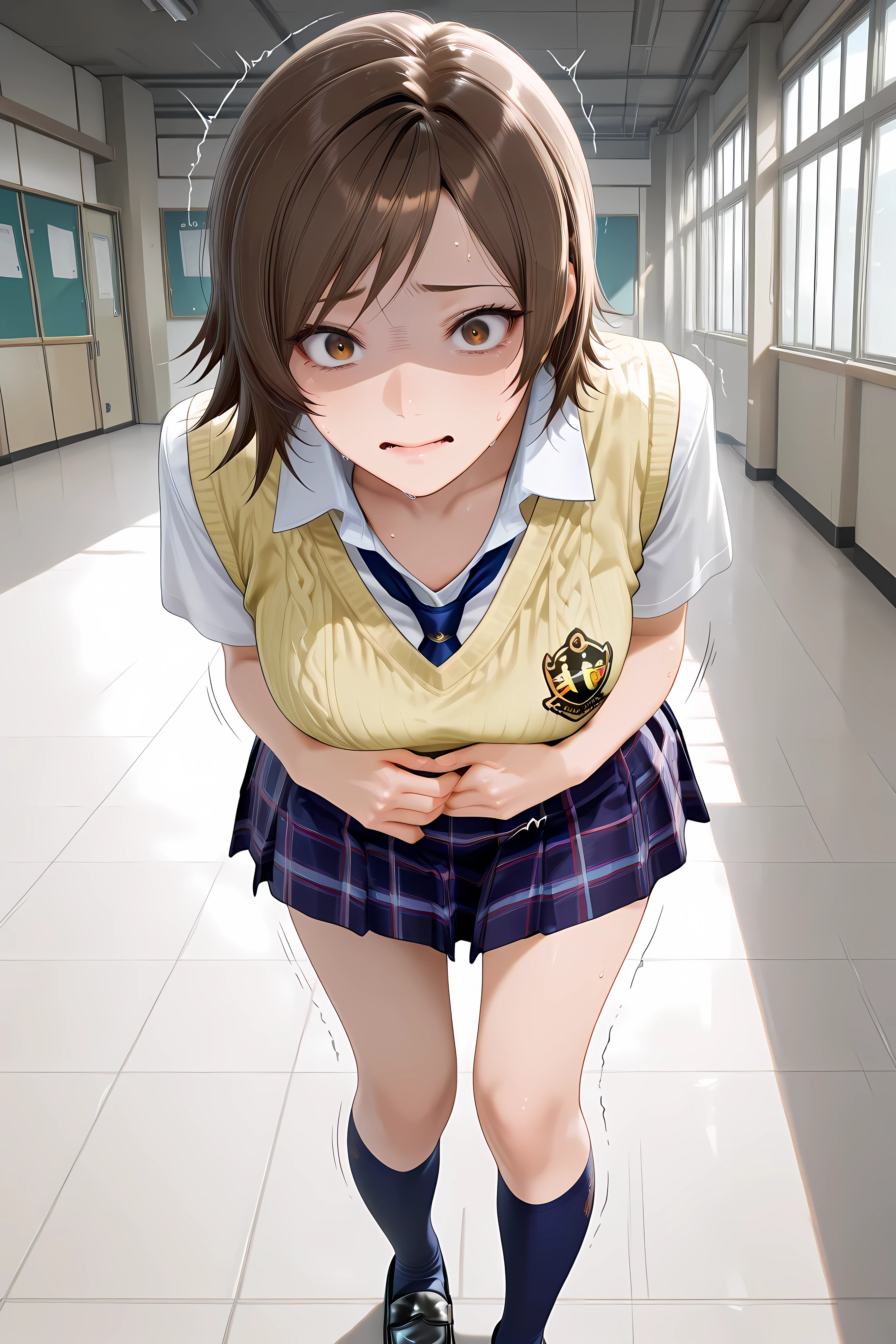 kazama asuka, brown hair, short hair, brown eyes, school uniform, short sleeves, yellow sweater vest, white shirt, collared shirt, collarbone, blue skirt, plaid skirt, pleated skirt, blue kneehighs, black loafers,1girl, hand on own stomach, sweat, leaning forward, nervous, scared, trembling legs, ,general, masterpiece, highres, ultra-detailed, hyper-detailed, best quality, amazing quality, very aesthetic, best hands, best eyes,
in a japanese school hallway,
beautiful adult woman,