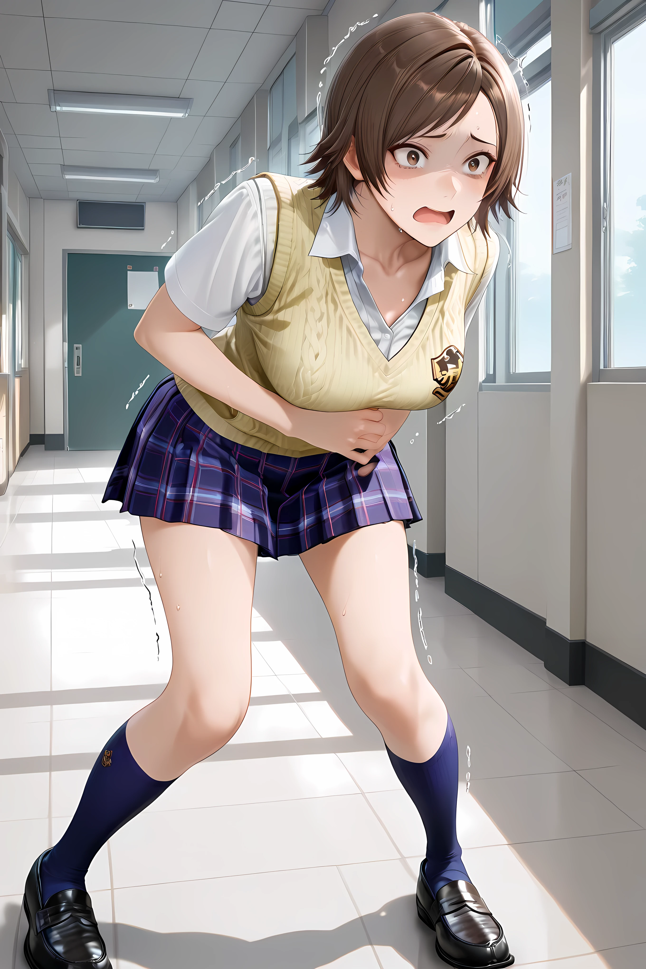 kazama asuka, brown hair, short hair, brown eyes, school uniform, short sleeves, yellow sweater vest, white shirt, collared shirt, collarbone, blue skirt, plaid skirt, pleated skirt, blue kneehighs, black loafers,1girl, hand on own stomach, sweat,  leaning forward, nervous, scared, trembling legs, ,general, masterpiece, highres, ultra-detailed, hyper-detailed, best quality,  amazing quality, very aesthetic, best hands, best eyes, 

in a japanese school hallway,

beautiful adult woman, 