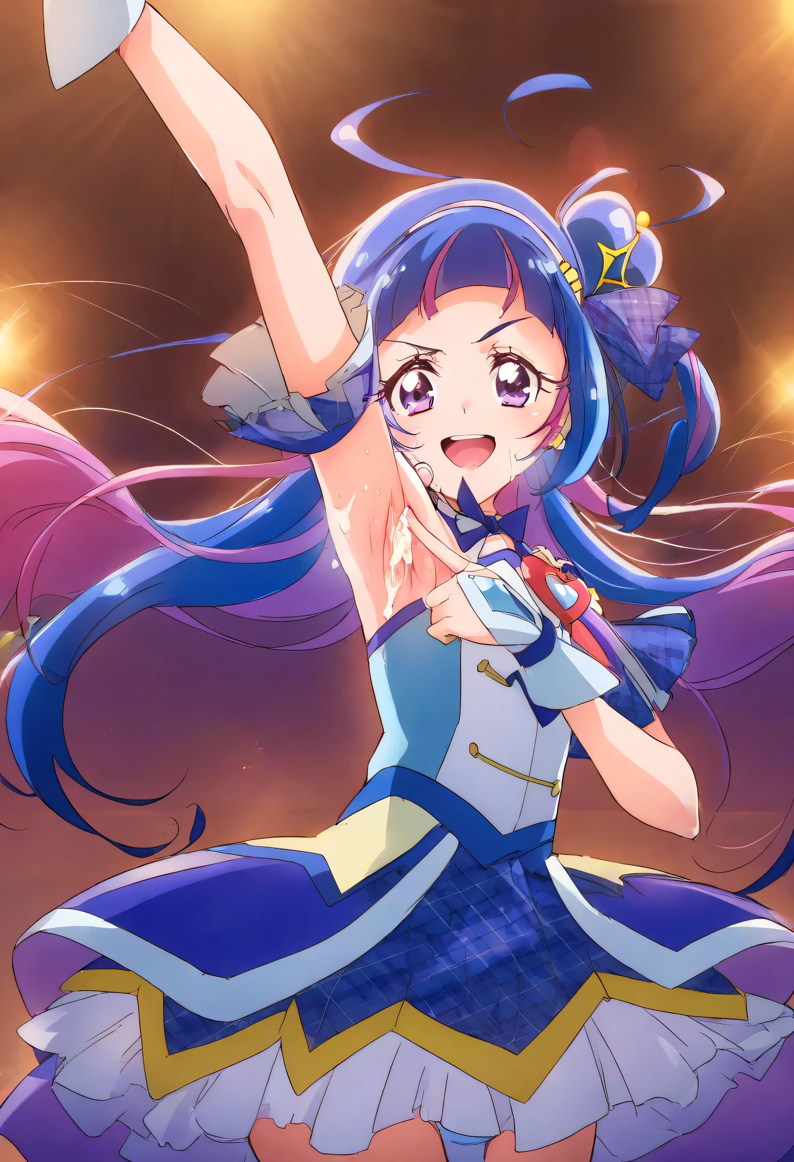 masterpiece, Highest Quality, Newest, That's ridiculous, CG, anime, source anime, [illustration],,( 1girl :1.5),(Alone:1.5),,  cure ink , kimi to Idol precure, (blue hair:1.1), Magical Girl, mini crown, purple eyes, blue dress, Slanted Hat , Long Hair, dull bangs, Shoulders,  headband ,  Two-tone hair, purple hair carrying a book,flat chest,wide hips,,
 gem, Idol clothes, Idol,heart brooch, headset,,nsfw,(armpit:1.1),sweat,armpitsweat,赤armpit,脂ぎったarmpit,艶のあるarmpit,肉厚なarmpit,
spread armpits,
(focus on armpit:1.5),focus on your face,(from below:1.3), Staring at the Camera,Bust Shot),,
,spread armpit, Arm Up, armpit, lay hand on own armpit,( buke the world:1.2),(cum on armpit:1.1),facial(evil smirk:1.5),obscene,top quality,very detailed images,single,1girl,solo,Low Angle Perspective ,bikini thighs,looking at viewer,single,1girl,solo,single,1girl,solo,single,1girl,solo,