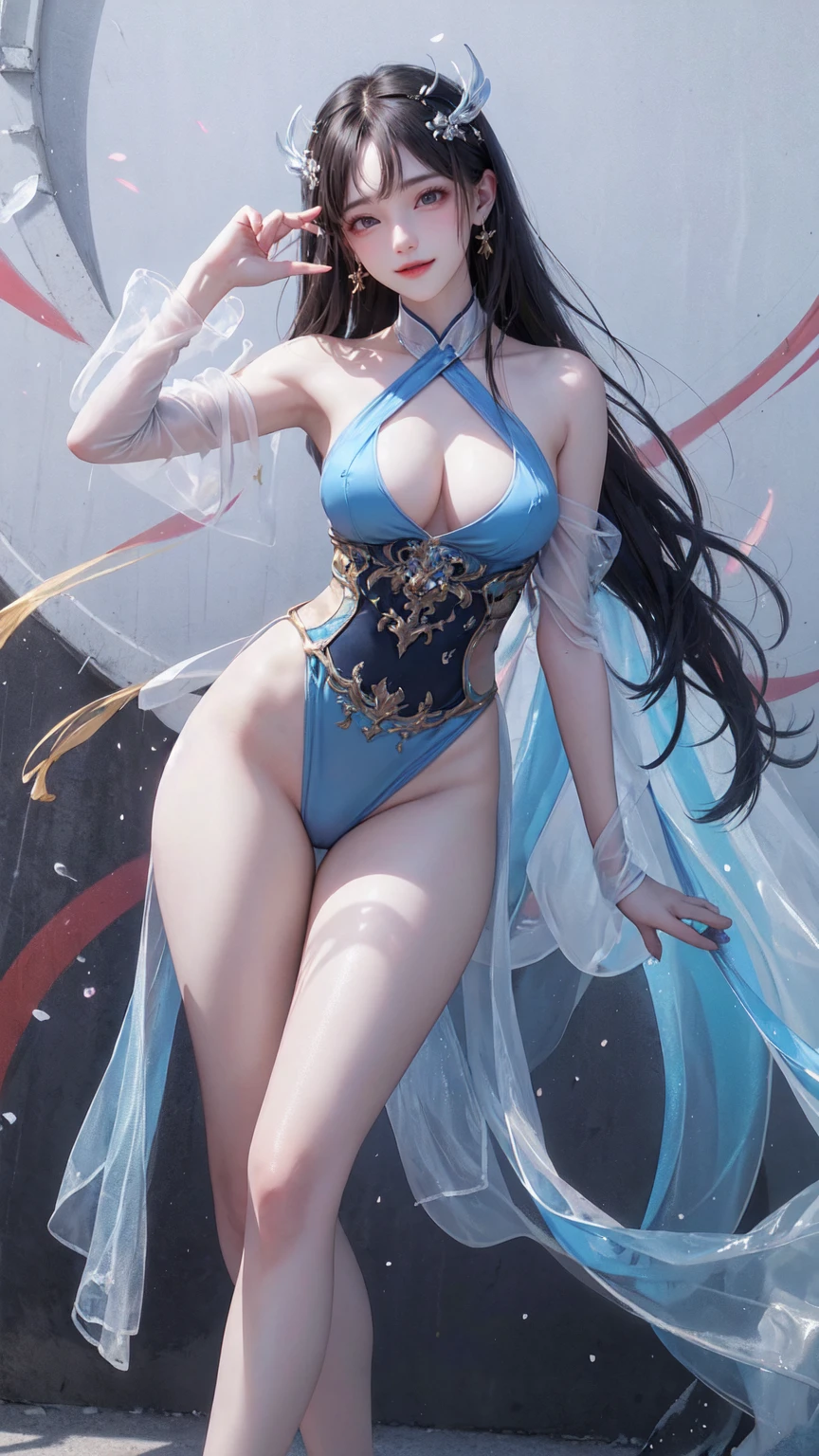 (highest quality, 8K, 32K, masterpiece, UHD: 1.3), 1 female, (Oversized: 1.3), perfect figure,, (attractive), (Sheer skin)) 、((((Transparent see-through dress))))、see-through dresses、lace sheer dress、Transparent dress、Sheer skin、Transparent dressを着た美しい裸の女性、solo、best style、big breasts、The most beautiful in the world、unparalleled beauty、long hair、 ((Roman baths)),、Blue lighting. concept art stunning atmosphere, blue atmosphere, beautiful concept art, Dark majestic gorgeous waterside、(blue water辺、blue water)、blue fountain、blue pottery、Blue Wall、Blue floor、blue reflection、blue window、get wet in blue water、Blue light、blue flower、Blue roses、blue lantern、Expressive、sexy pose、sexy design、nipple