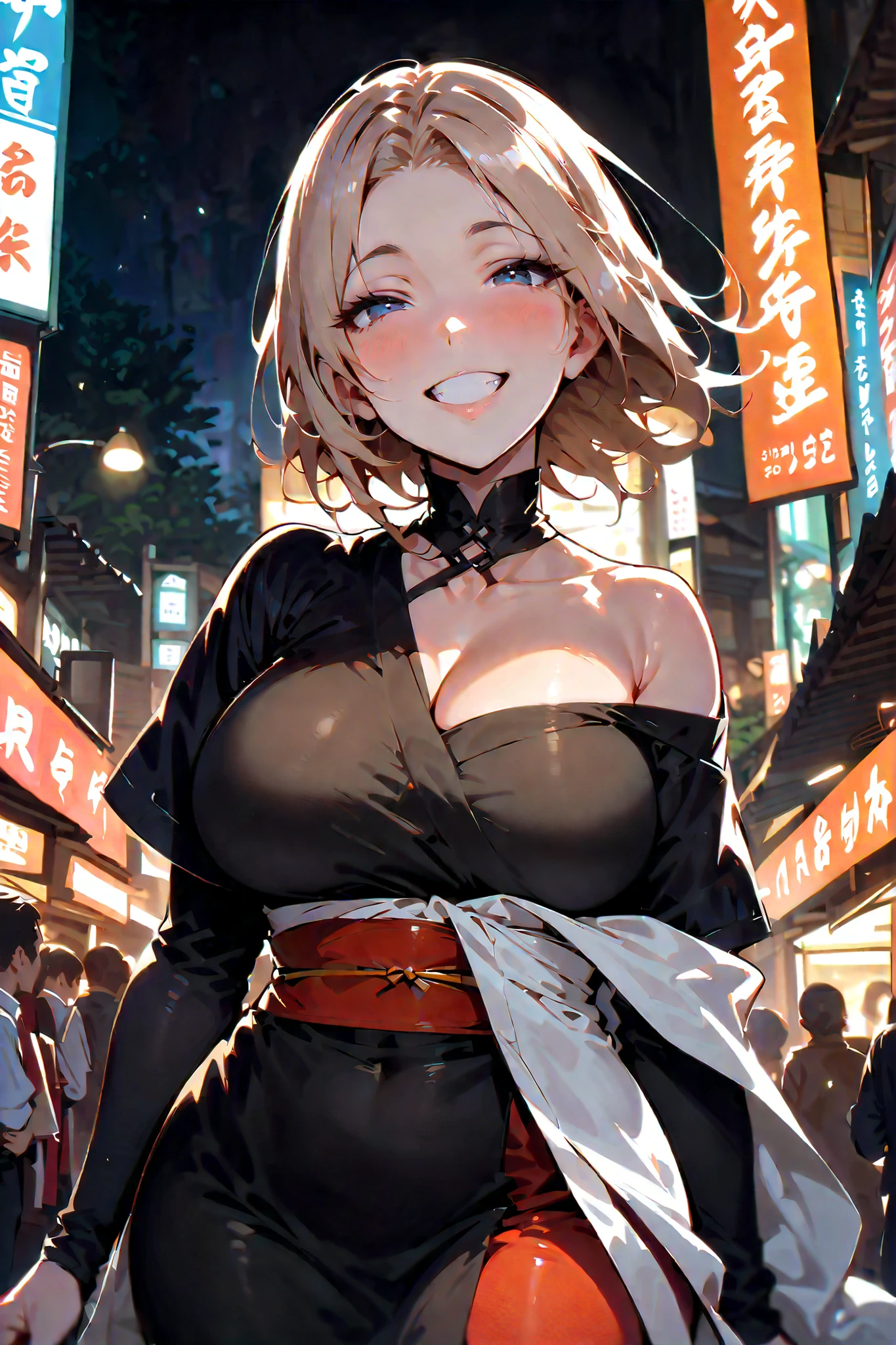 score_9_up,score_8_up,score_7_up,score_6_up,score_5_up,score_4_up,(((1 girl))),(((solo))),(pekomama),(((milf))), thick eyebrows, droopy eyes,short hair ,(((mature female))),(((open eyes))),((grin)),(((sarasi))),cleavage,off shoulder,outdoor ,Japan festival,at night,character focus,cowboy shot,