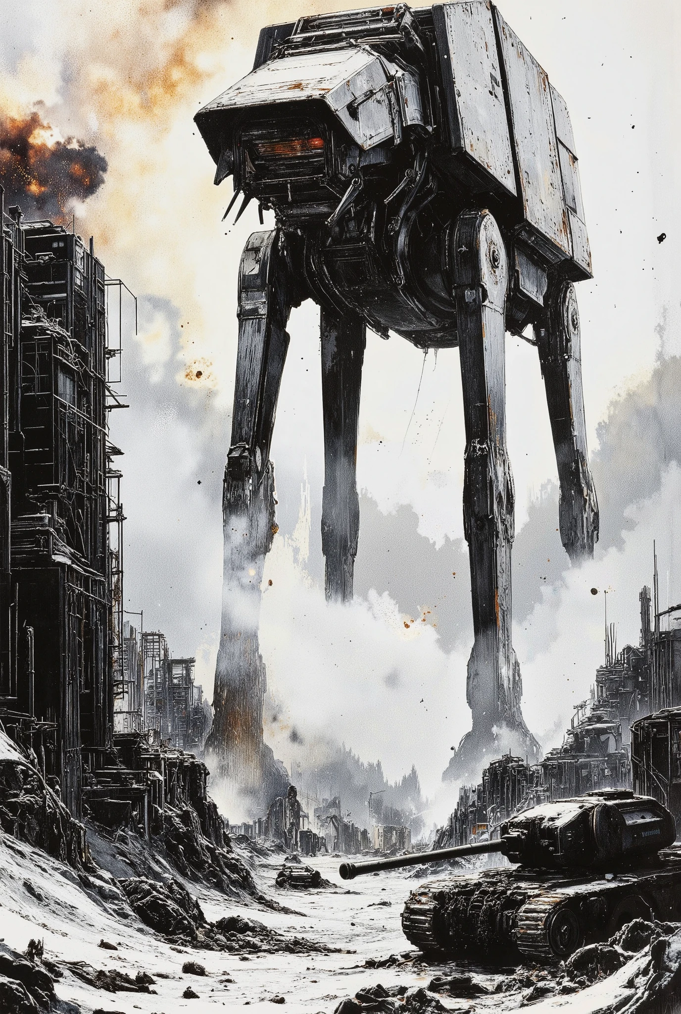 A brutally raw, black and white high-contrast WWII documentary photograph—crushed blacks, blown-out whites, and riddled with imperfections—depicting silhouette of a nightmarish AT-AT Walker emerging from the blizzard-choked ruins of Stalingrad. The image is deliberately degraded: deep scratches, emulsion tears, and frost-like chemical burns crawl across the frame, as if salvaged from a frozen corpse’s camera. The foreground is a wasteland of shattered Soviet apartment blocks, charred tank husks (T-34s or Panzer IIIs), and twisted rebar jutting from snowdrifts. The AT-AT silhouette is a monstrous, half-seen shape in the blizzard—only its angular legs and shadowed underbelly are visible, backlit by the hellish glow of burning oil drums and distant artillery flares. The photo’s texture mimics cheap Soviet wartime film: extreme grain, uneven development (patchy grays), and a cyanotic tint from cold damage. Smears in one corner; the other bears a stamped Cyrillic inscription, partly torn away (‘...ОСТАНОВИТЬ НЕВОЗМОЖНО’). Snow streaks sideways across the lens.