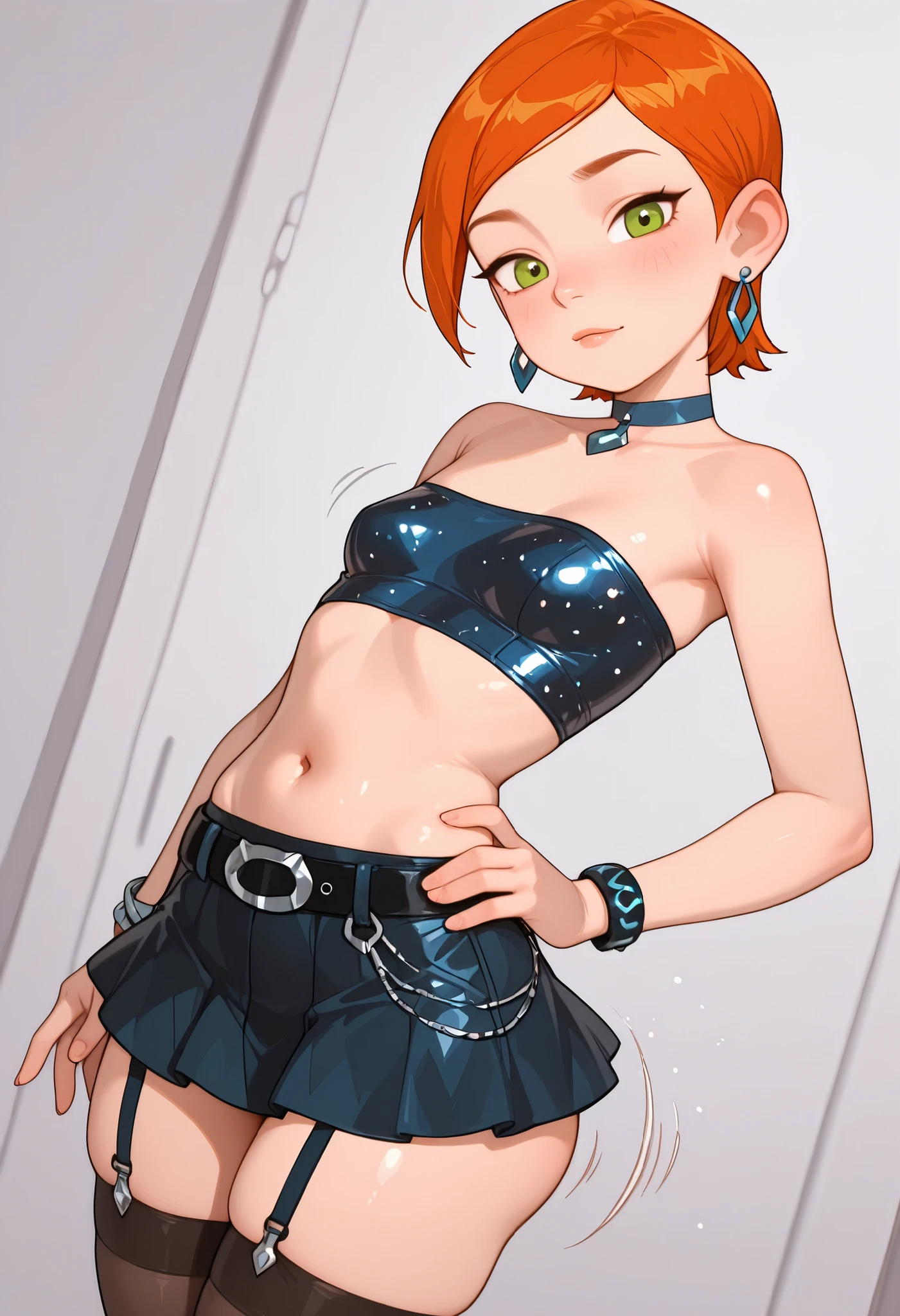 Gwen Tennyson . ginger . short hair . green eyes . small breasts, huge hips . slim body . choker . | Looking from the viewer, choker, nude. bracelets. first-person view. skirt, miniskirt, thighhighs, glitter bandeau, bandeau, jewelry, belt, earrings, garter straps, dutch angle, ass shake, head tilt, looking at viewer, hand on hip, midriff, navel
