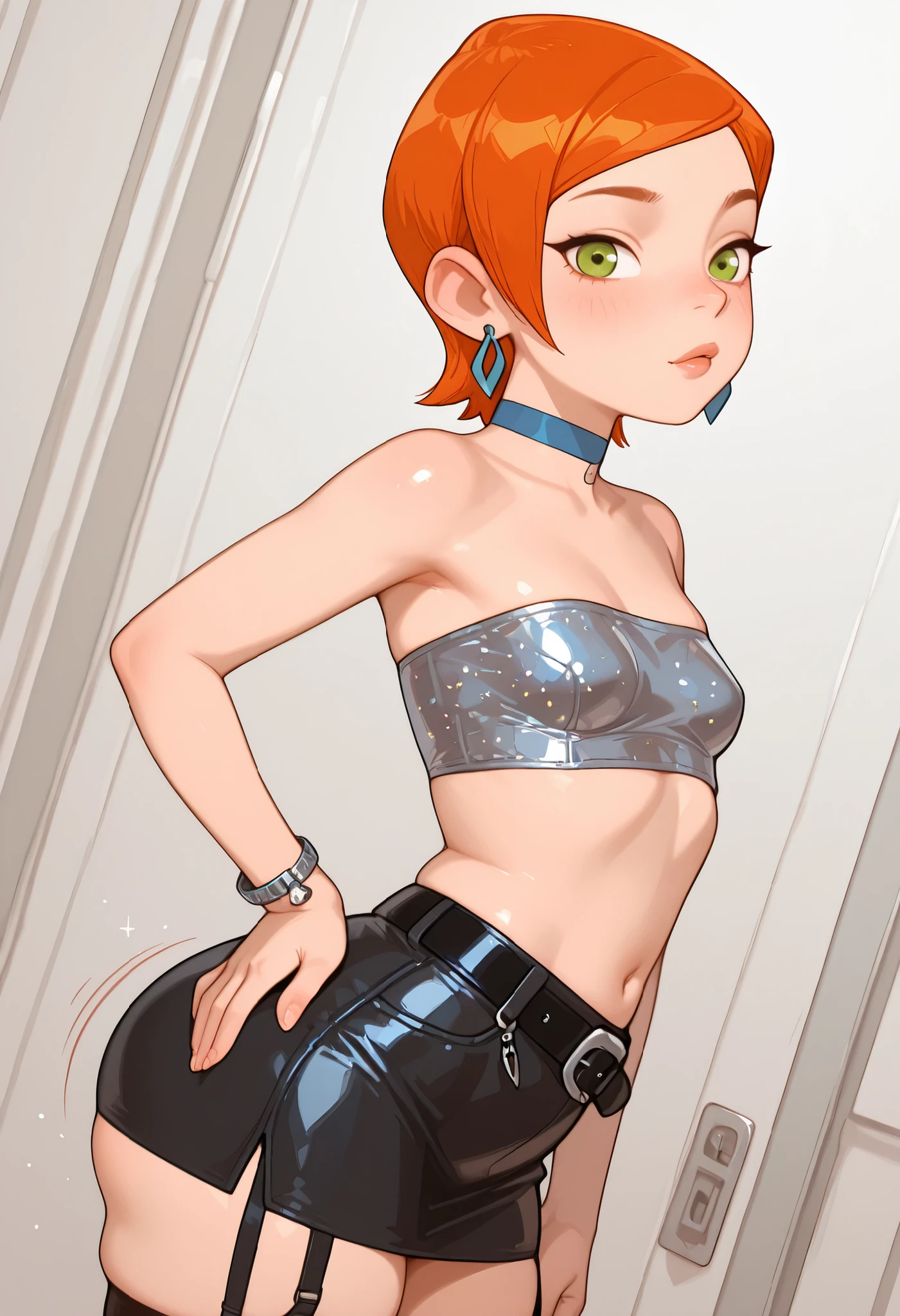 Gwen Tennyson . ginger . short hair . green eyes . small breasts, huge hips . slim body . choker . | Looking from the viewer, choker, nude. bracelets. first-person view. skirt, miniskirt, thighhighs, glitter bandeau, bandeau, jewelry, belt, earrings, garter straps, dutch angle, ass shake, head tilt, looking at viewer, hand on hip, midriff, navel
