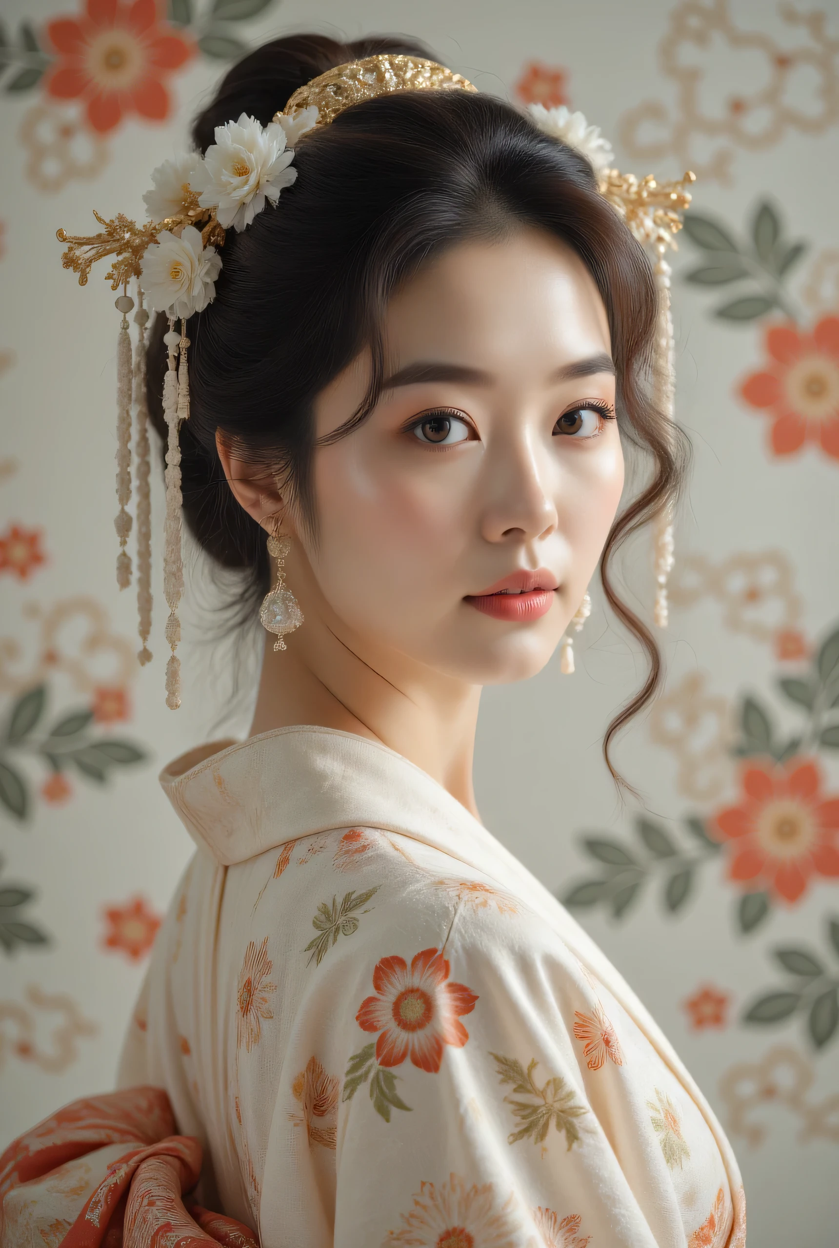 Follicle stimulating hormone ,(Masseter membrane、high quality、Ukiyo-e style、mystery、Exquisite beauty、 Official Art 、Writing music:1.2)、(1 girl in:1.3)、(Fractal Art:1.3)、 cowboy shooting、 white skin、( beautiful brown-haired girl 、kimono:1.2)、 The background is traditional Japanese performing art、 colorful 、( belongs to Japanese style :1.2)、Brightening skin