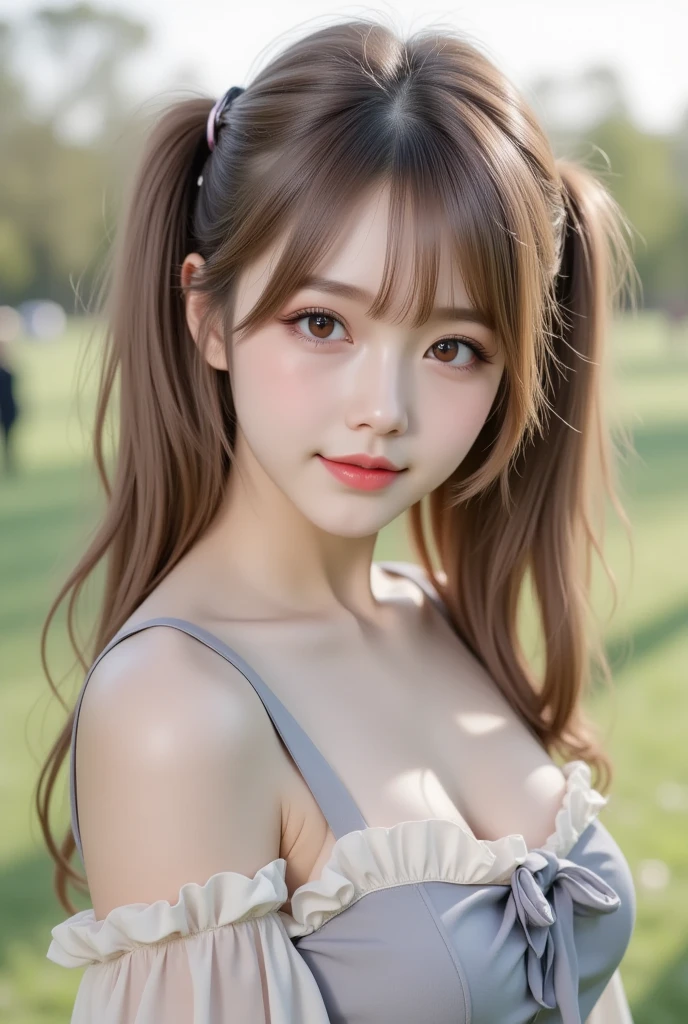 One piece with collar,outdoors,Urban Park,On the lawn,Ultra-detailed, finely detail, hight resolution, 8K Wallpaper, Perfect dynamic composition, Beautiful detailed eyes,Outdoor,Close-up of face,Outdoor,Blushing,Facing forward,,Long hair ponytail,((8k, Raw photo, Best Quality, Mastepiece:1.2), (Realism, Photorealistic:1.4), (Highly detailed 8K wallpapers), Depth of written boundary, Cinematic Lighting, Soft Light, Detailed Beauty Eye,Shiny and smooth light brown ponytail, Asymmetrical bangs, Shiny skin, Ultra-detailed skins ,It is high resolution., High detail, Detailed hairstyle, Detailed facial beauty, Hyper-realistic, Perfect limbs, Perfect Anatomy ,1 Japanese girl,Famous Japanese Idols, Perfect female body,A shy smile,Short eyelashes,Double-edged eyelids,Look straight here,Hair style: ponytail,