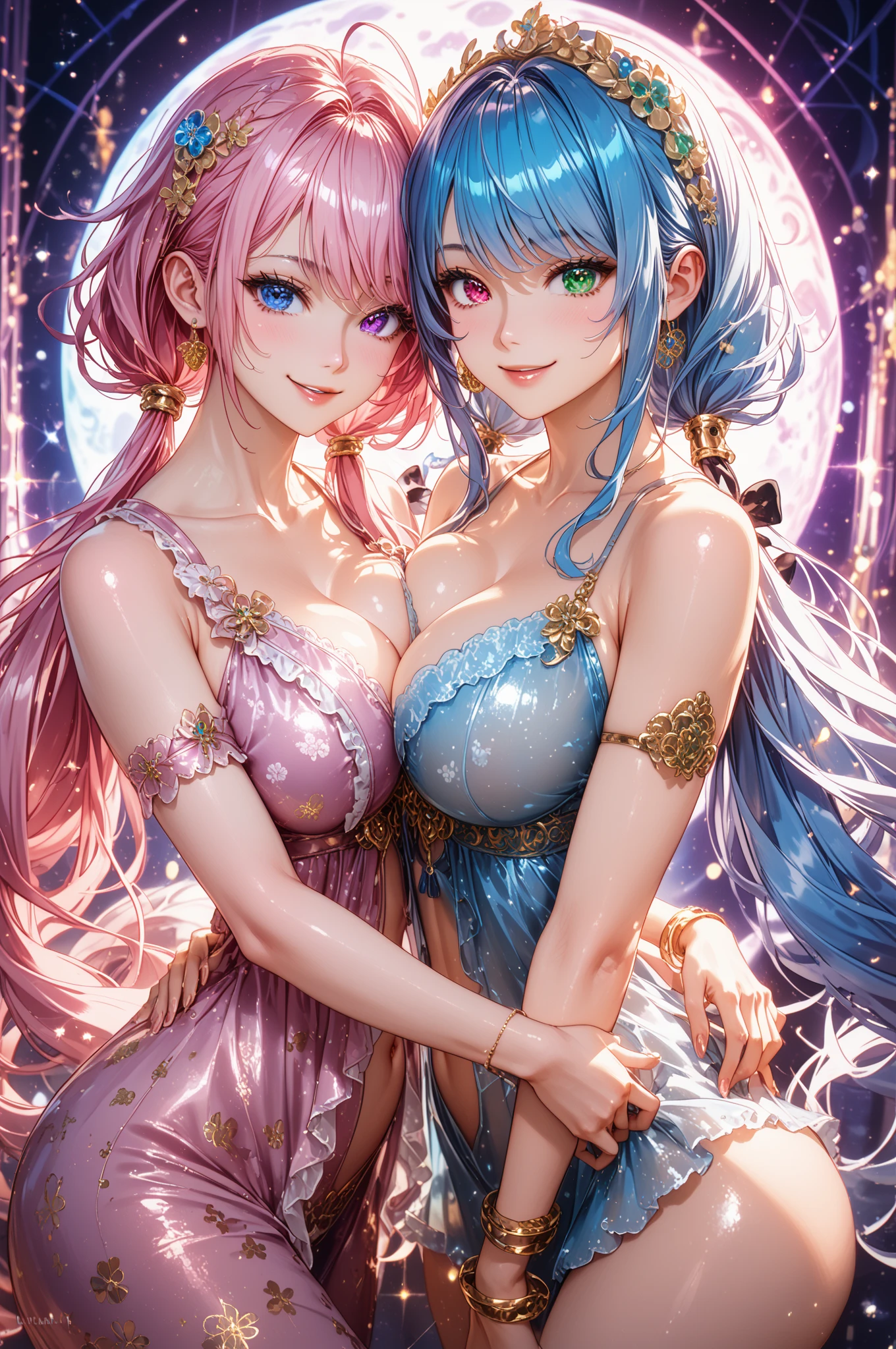 (Beautiful detailed eyes,finely detailed eyes,Beautiful detailed lips,extremely detailed eye and face,longeyelashes),Cute girl in alchemy costume,Cute uniform,miniskirt laugh out loud,attractive girl,Best Quality,busty,masutepiece:1.2,stunning figure,Erotically cute,Ultra-high resolution,Gorgeous girl,Lovely girl,Multi-colored hair,Relaxation Socks,High resolution,gorgeous eyes,Perfect beauty) (masterpiece、top-quality、top-quality、watercolor paiting(Curly)、Official art、Beautifully Aesthetic:1.2)、(2girl with:1.3)、(Fractal Art:1.3)、The upper part of the body、From Side、looking at the viewers、patterns、(rainbow-colored hair、colourful hair、half white and half pink hair:1.2)、((A detailed4This refers to、Thumb joint details))、Eau、gases、云、colourfull、Soap bubbles、Deep kissing、I'm、violate、Detailed panties