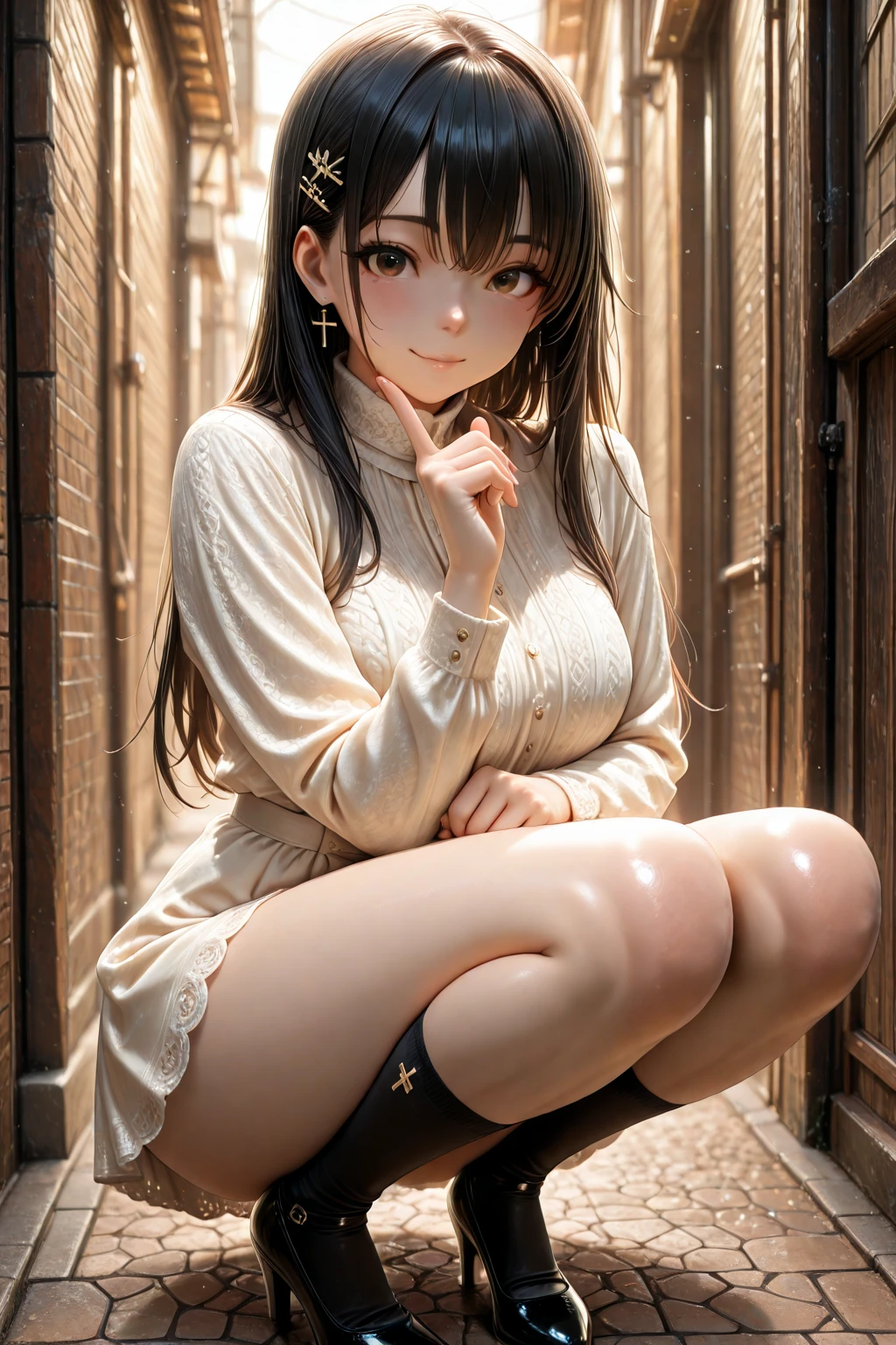 a young girl without shoes, shows her bare sole too the camera