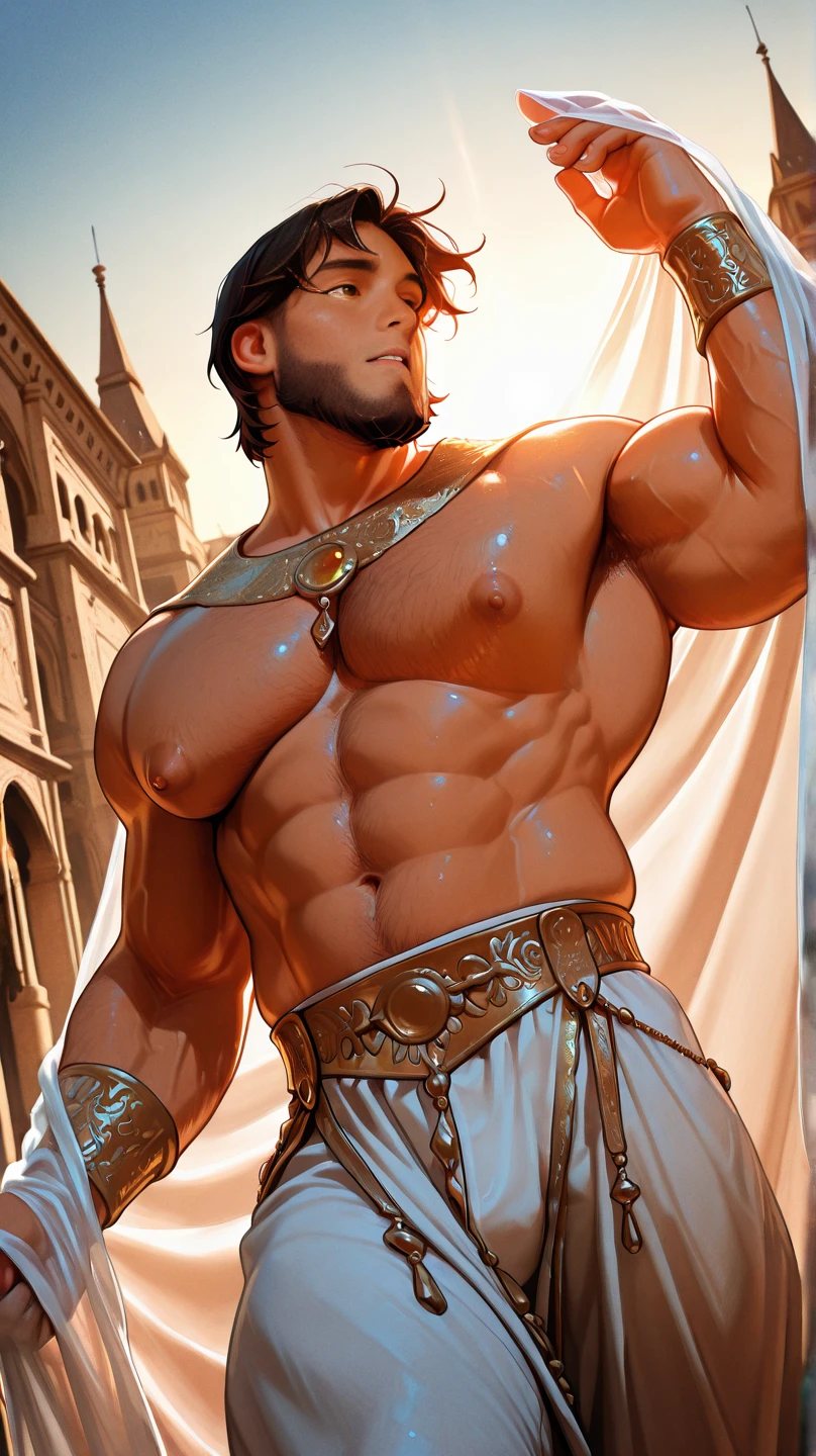 best qualtiy, tmasterpiece, 超高分辨率, illustration, 1 Men,Whiskers, musculature,penisbulge,with short black hair,Brush cut,Burly,Bruiser,Bright colors,blue butterflies,White loincloth,Abs,rays of moonlight,Particle light effects,Dreamlike,penisbulge,ancient greek clothes
