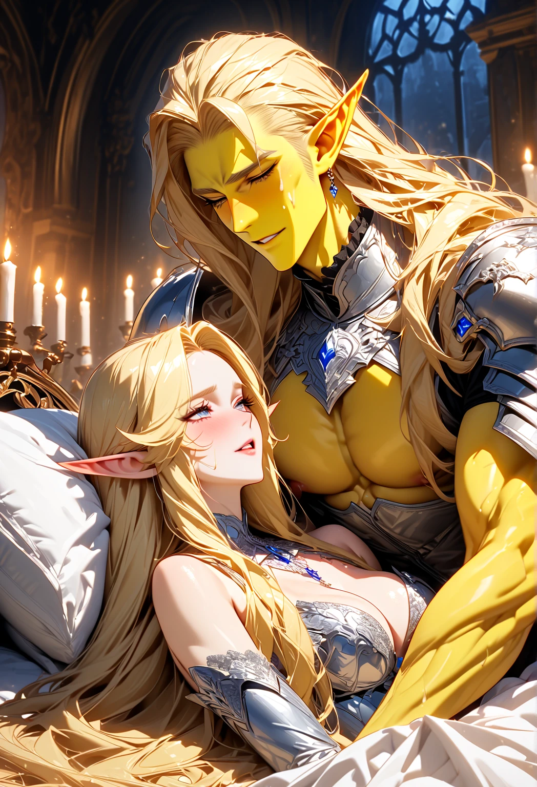 (((masterpiece, best quality))), (((high quality))), (((high resolution illustration))), (((hyper detail))),(((NSFW))), (((Wordsworth's Sharon))),(((Very beautiful long blonde hair))), (((Very beautiful face))), ((((Detailed face)))),(((very beautiful blue eyes))),(((Realistic Skin))),(((her face is flushed))),(((slim body))),(((slim thighs))),(((small breasts))),(((very beautiful slender legs))),(((gold and ocean blue and red and black and white armor with extremely detailed and intricate decoration))),(((red and white skirt with extremely detailed and intricate decoration))),(((boots with extremely detailed and intricate decoration))),(((cloak with very detailed and intricate decoration,))),,(((beautiful earrings))),(((beautiful hair ornaments))),(((in the old dark deep forest with no lights))),(((wet her skin))),(((very angry))),(((late at night))),((Sharon is being held up by both hands by a handsome knight and his penis is inserted into her vagina))),(((Sharon is crying with tears streaming down her face))),(((1boy))),(((1girl))),(((penis)))