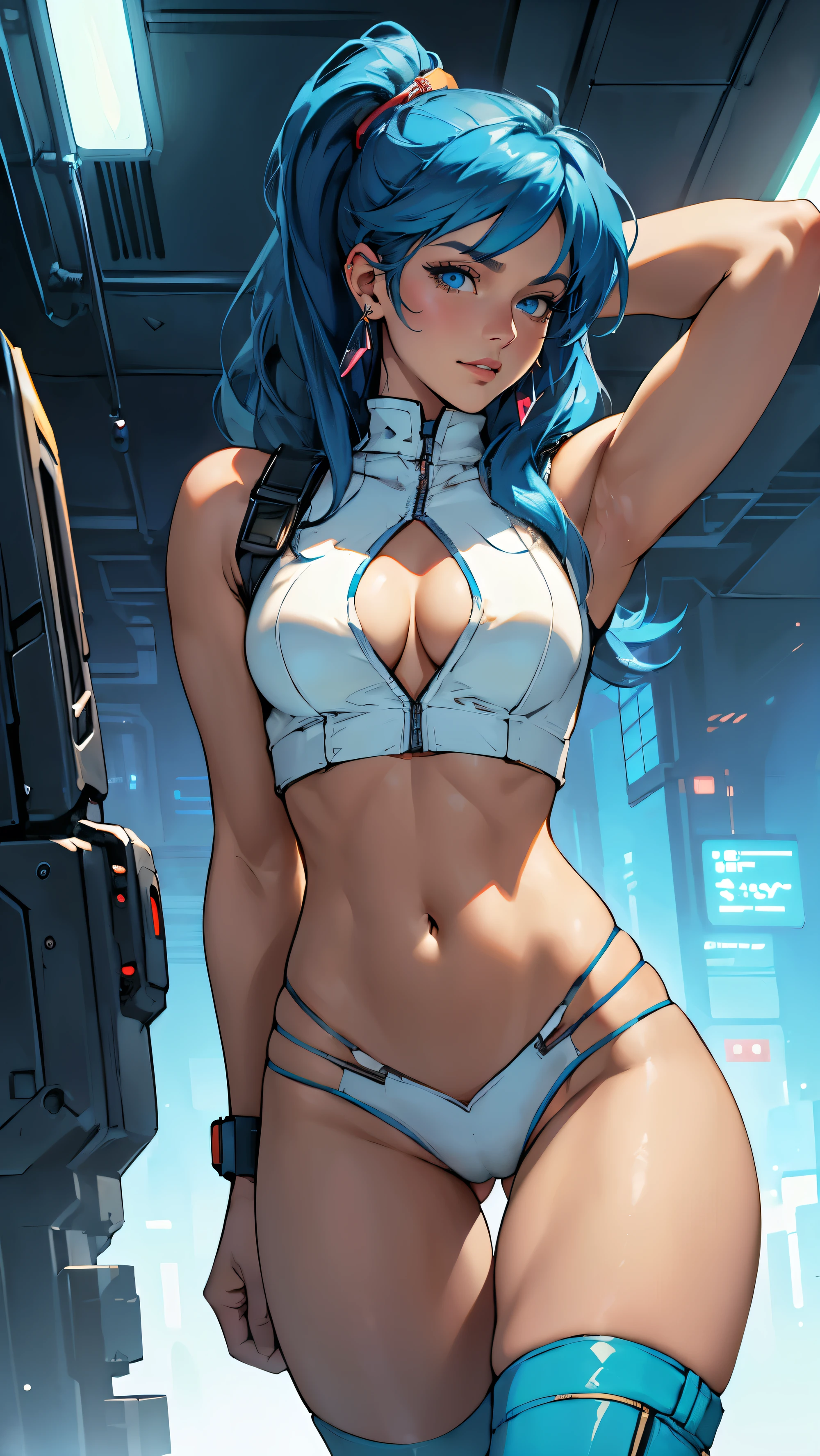 Yuri from The Dirty Pair, , wearing a tight outfit, skimpy, medium breast, (long hair), dark blue hair, beauty, cyberpunk city background, holding retro space-gun, cleavage, slim waist, slim thighs, thigh gap, (light yellow uniform), show belly