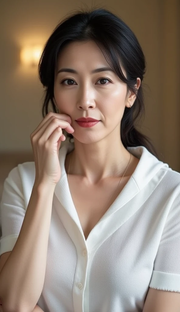 Ultra-realistic front-on portraits taken by a professional photographer。7 heads、((Highest quality)), ((masterpiece)), (detailed), (midnight ,A London stall in the dark, drizzling rain under a new moon, Low Key Lighting:1.6)、(looking at viewer, Staring Intently , leaning forward:1.2), (hands on groin:1.6) , A very beautiful, extremely elegant and intelligent 42 year old Japanese woman.。Very intelligent and goddess-like face。(An extremely elegant, calm and modest smile, Being drunk、My eyes are watering、、embarrassed ,blush,Voluptuous body:1.5)、A short, well-groomed, shiny black haircut。The skin is white and very smooth。(A simple business short-sleeved open-neck shirt made of very thin, pure white fabric with a wide, deep neckline.:1.3)。　(London in the rain on a very hot summer day、I'm pretty sweaty、Her clothes were soaking wet, and through the extremely thin fabric her skin and navy blue, lacy, high-end  were clearly visible.:1.9)。(A long navy pencil skirt with a long slit in the front,The clothes fit the body very well:1.8), (The line of the chest, collarbone and décolletage are extremely beautiful.:1.9)。She is looking straight at the camera with a very shy look on her face.。Light makeup and no piercings,