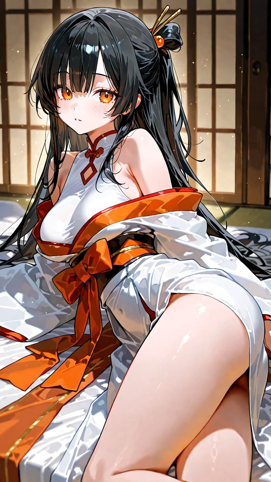 score_9, score_8_superior, score_7_superior, sauce_anime, arms behind head,  dynamic lighting
Sagiri Yamada Asaemon, Sagiriyamada Asaemon, Long Hair, Black Hair, ponytail, high ponytail, Brown eyes,
 show off breast ,torn white kimono, ??????? clothes,  In the same way,  lie on bed,  rape , lesbian,  
indoor, bed, bed room, ~ side, blush, 
alone, Dutch Angle, View your viewers, Cowboy Shot, white panties, nipples , 