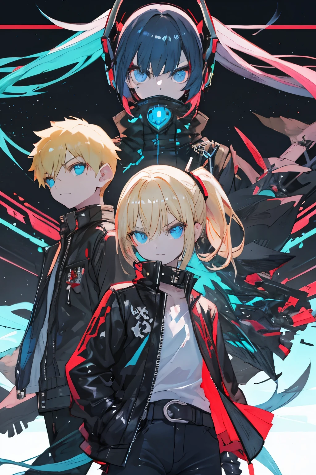 1boy,cyberpunk,blonde hair blue eyes badass 
leather Jacket with a logo of white wolf on the back, 
large black tank-top,black jeans,half black gloves,
Thick Hair with Undercut with short ponytail,blonde eyebrows,
Shota male,young,retro,neon,preteen