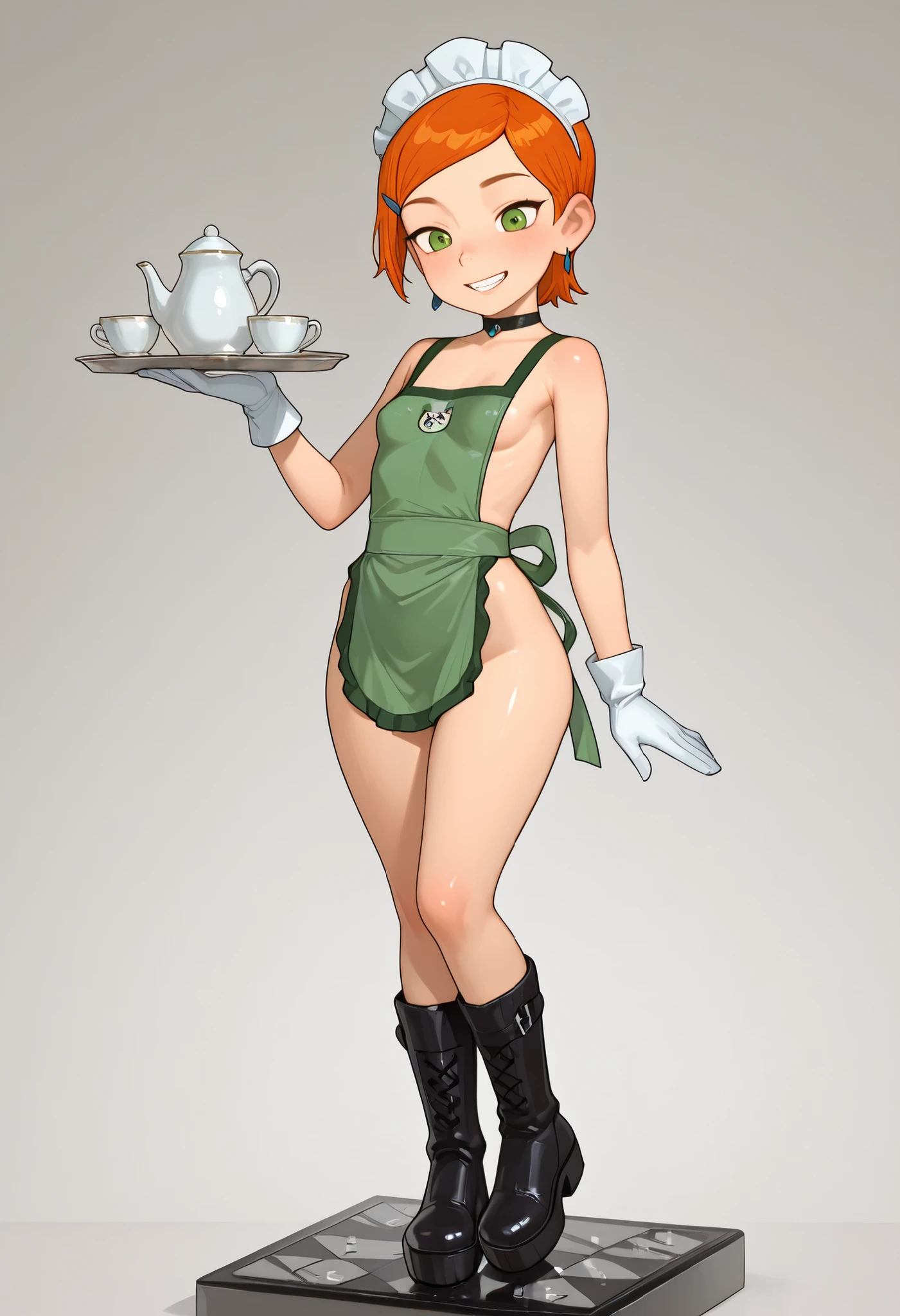 Gwen Tennyson . ginger . short hair . green eyes . small breasts, huge hips . slim body . choker . |  score_9, score_8_up, score_7_up, faux figurine, nendoroid, full body, figure, platform, solo, Anime, 1girl, masterpiece, best quality, high quality, high resolution, highres.|| HDR, 8K, masterpiece, best quality, amazing quality, very aesthetic, ultra-detailed, absurdres, newest, (plebbles:1.2), gloves, yellow apron on naked body,, maid headdress, smile, tray, full body, boots, white gloves, black footwear, green maid, holding tray, holding, grin, standing, teapot, green apron, BREAK, beautiful detailed eyes, detailed skin, detailed hair