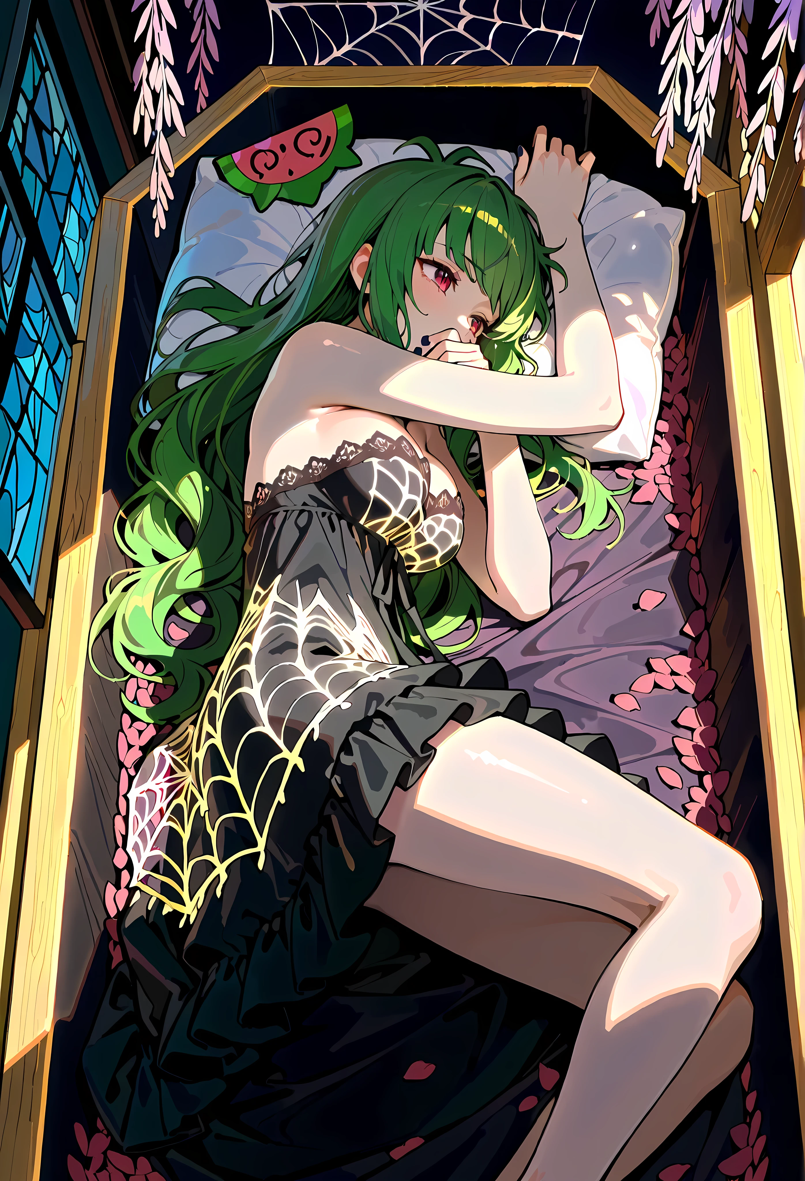 (masterpiece:1.2, Best Quality), (finely detailed beautiful eye: 1.2), (beautiful detailed face, good_hands),  Vannamelon, close up, portrait, sitting up, dark green hair, red eyes, tired, laying down, from above, in coffin, open coffin, head on pillow, dark pillows, willow tree branches, dusk, from side, looking away, single beam of light, dark background, dusk, long hair, wavy hair, messy hair, ((gothic nightgown)), ((layered gown, strapless, black and white, long gown, spiderweb mantle, dark purple trimmings)), lace nightgown, spiderweb trimming, medium breasts, swept bangs, arms up, good_hands, dark purple shadows, shadows on hands, thin thighs, hand over mouth, mouth open, tousled hair, many pillows, dark purple flower petals, blanket, stained glass windows, dramatic composition with ink splatter effects, manga style with explosive effect,dramatic lighting, dark purple splash effect,