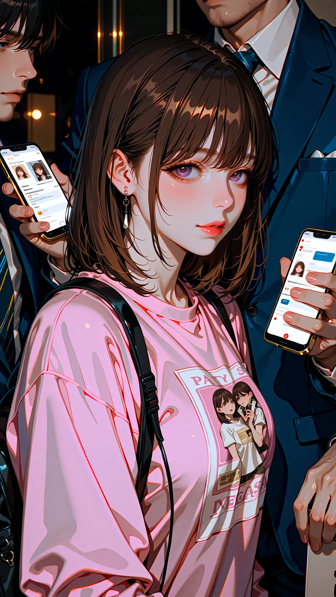 Anegasaki Nene,Her portrait is on the smartphone.,man in a suit holds a cell phone with Anegasaki,Nene printed on it, (Pay attention to mobile phones with Anegasaki Nene printed on them:1.5),4fingers ,pale pink nale
