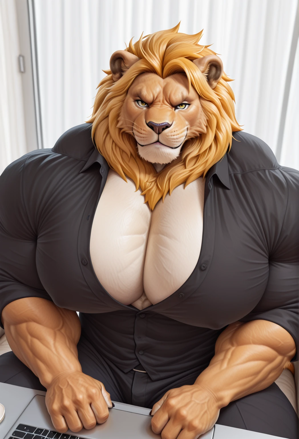 a very fat male lion with a long blonde mane, extremely detailed eyes, feral paws, a big and extremely fat belly, very muscular arms, wearing a tight jockstrap, sitting on a comfortable seat, watching TV in a luxurious room with a double bed, just bust portrait, realistic bust portrait, 8k, photorealistic, correct anatomy