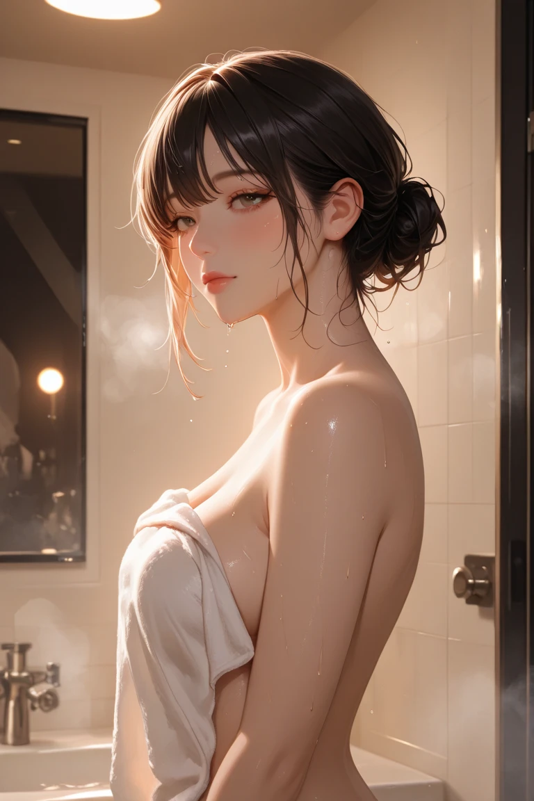masterpiece, High resolution, perfect face, beauty of japan, 30 years old, beautiful face, shower room, embarrassed look, (top quality eyes), (detailed texture), look at me, Married woman, cool women, (high resolution eyes), black hair, nude, taking shower

