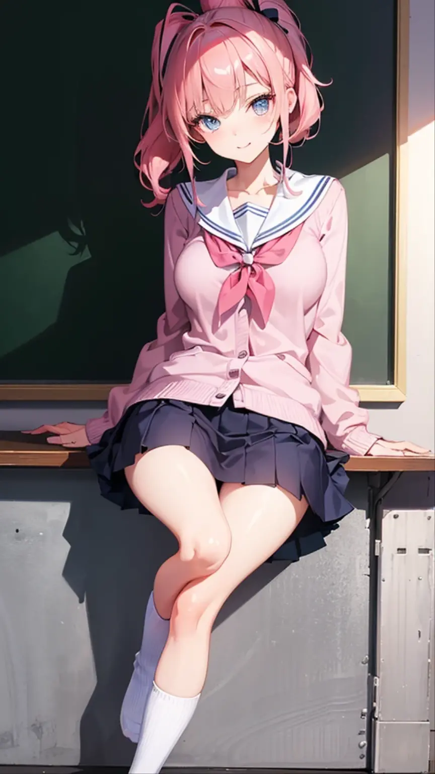 ((Ultra-detailed)), (top-quality),((masterpiece)), ((Super exciting)), ((8K)), ((extremely clear)), ((Very sophisticated)), (Anime quality), (3D), (photograph quality), (wall paper), (best illumination, best shadow), solo, full body portrait, Japanese girl, a baby face, Pink hair, Short ponytail, big Hair Ribbon, Ahoge, drooping eyes, Blue eyes, long eyelashes, Thin eyebrows, Beautiful breasts, detailed face description, beautiful smile, close mouth, flash cheek, Clear Body, Clear eyes, Light shines in, gleaming, shiny glistening, realistic skin texture, pink cardigan, school wear, a dark blue skirt, white knee high socks, Classroom Background, chalk board, sitting on the school desk, look at viewers, emphasize legs, Wear clothes properly, close up, dynamic angle,