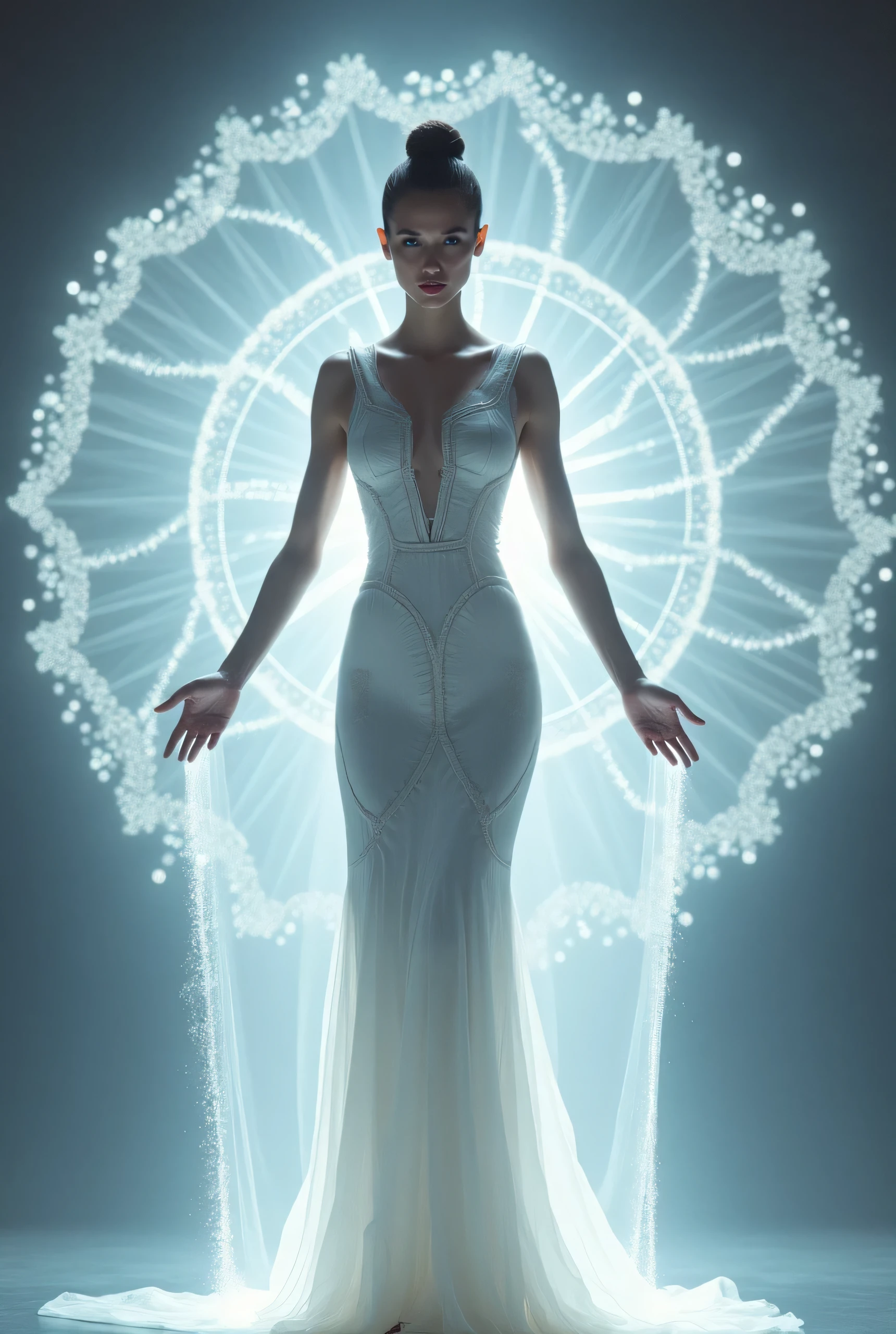 best quality, super fine, 16k, RAW photo, photorealistic, 2.5D, delicate and dynamic depiction, plaster statue of an angel, beautiful, cute, iridescent glitter effect scattered all over, neon light up, ascii_art, translucent, transparent